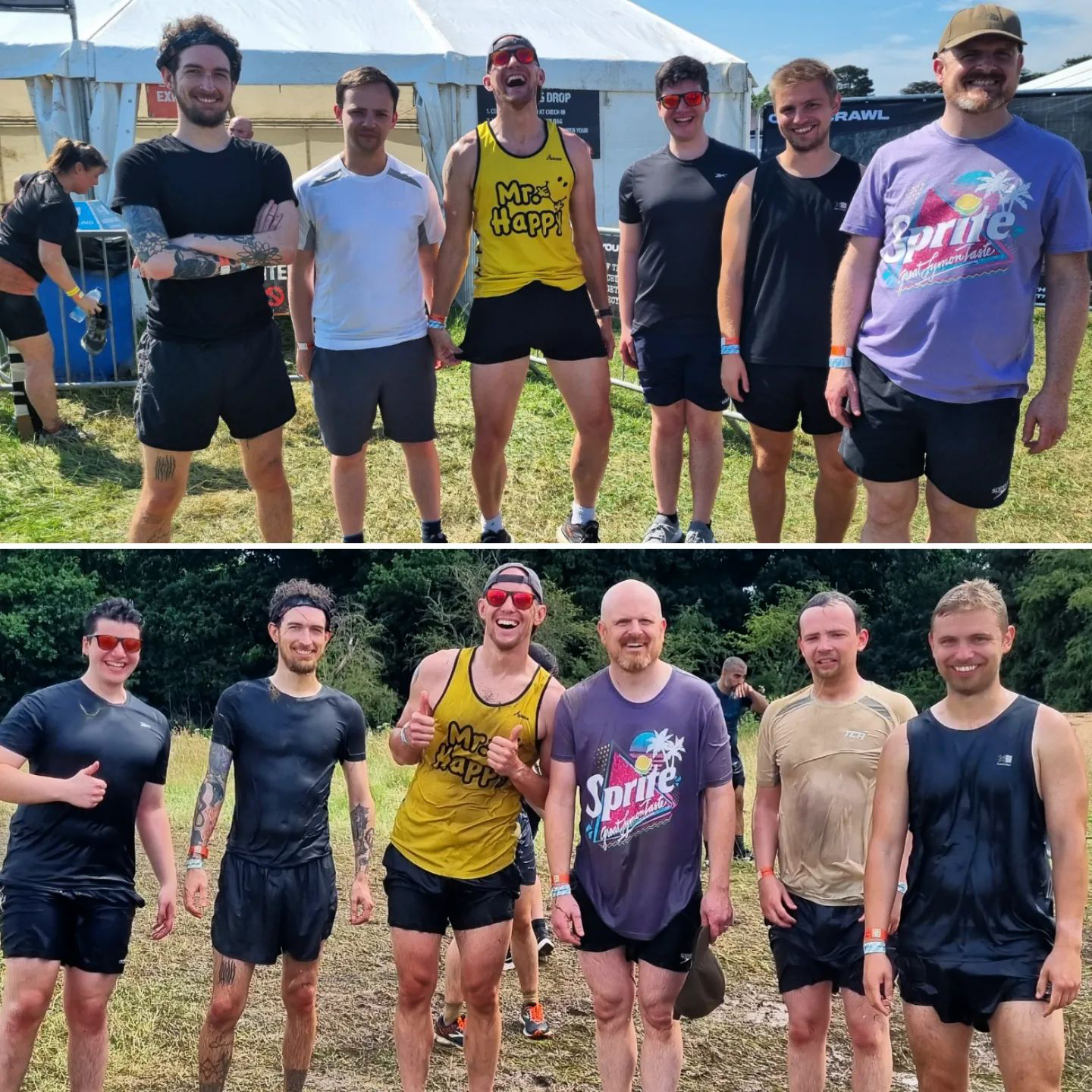 Some chaps from Candour looking happy before a Tough Mudder, and then a mixture of sad, tired and relieved afterwards.