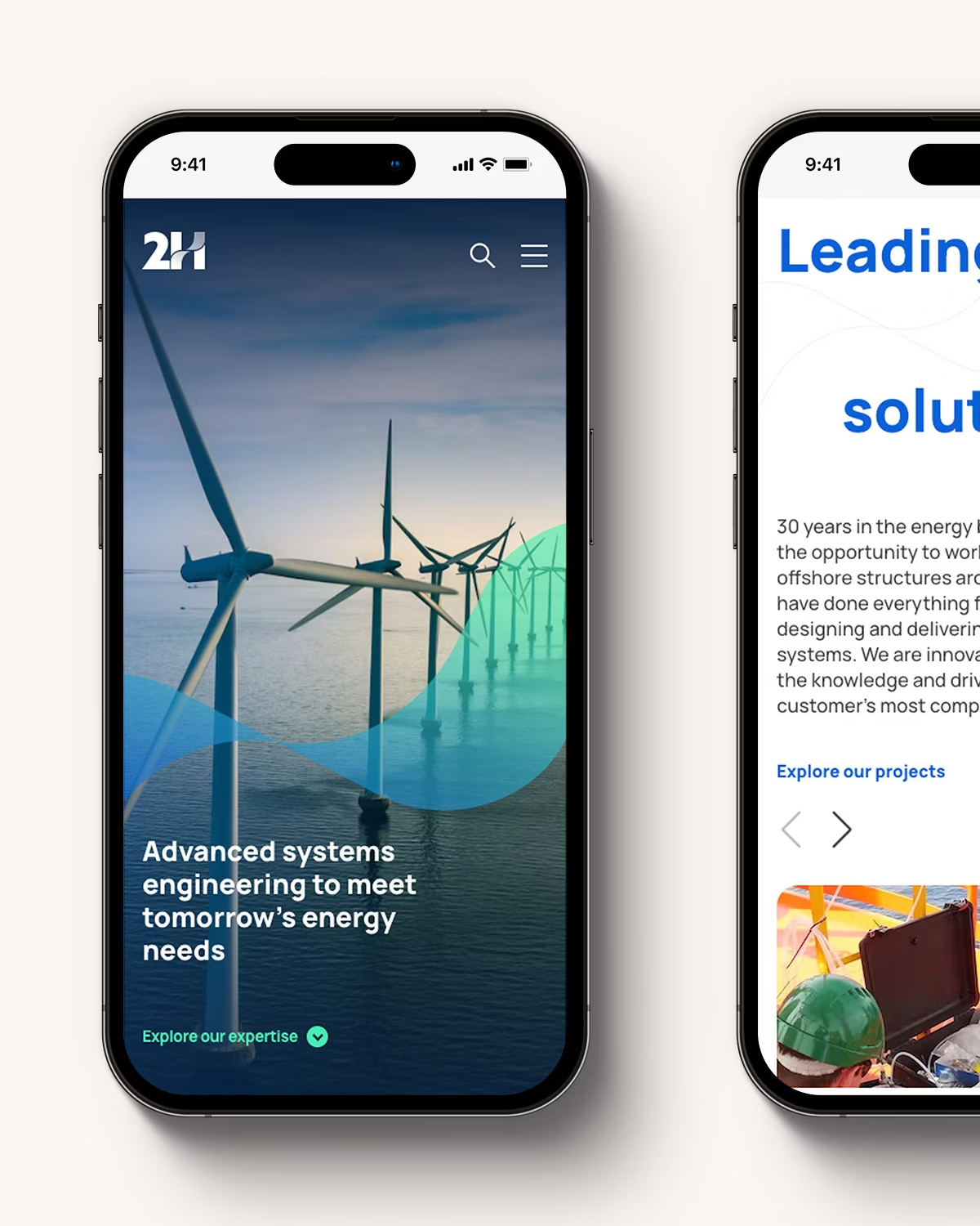 A mobile interface displaying a clean and modern design for 2H, showcasing offshore wind turbines and a message about advanced systems engineering for future energy needs.