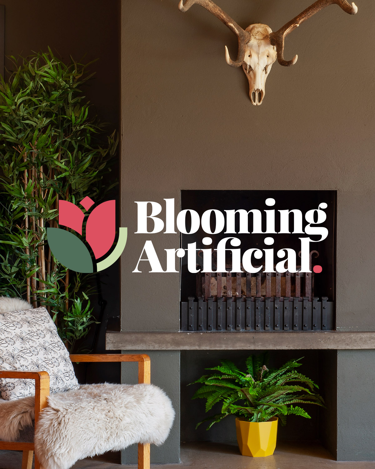 A promotional image for Blooming Artificial, showcasing a stylish interior with artificial plants, a cosy fur-covered chair, and a rustic fireplac.