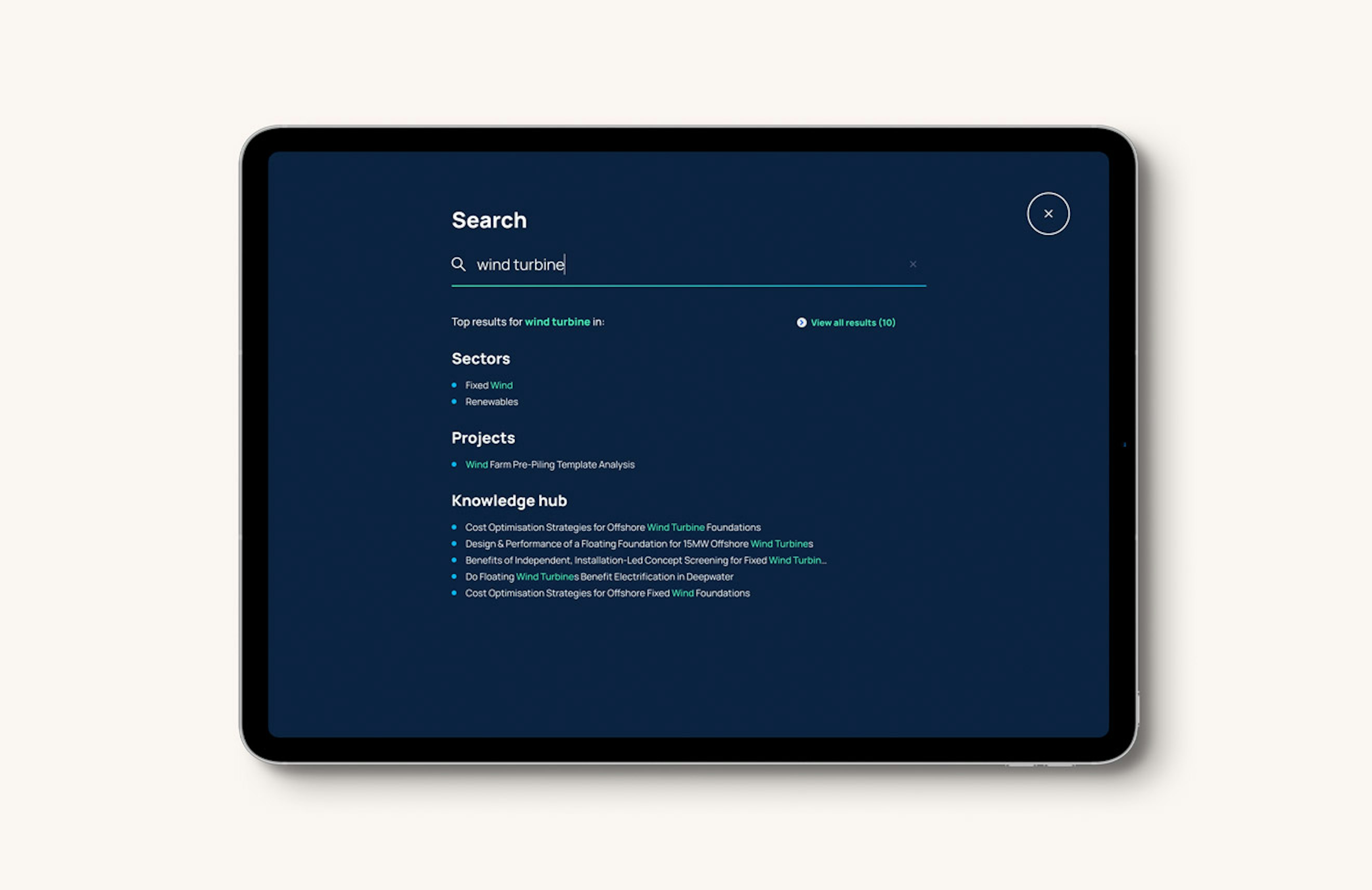 The site search functionality of the 2H website displayed on an Ipad tablet computer