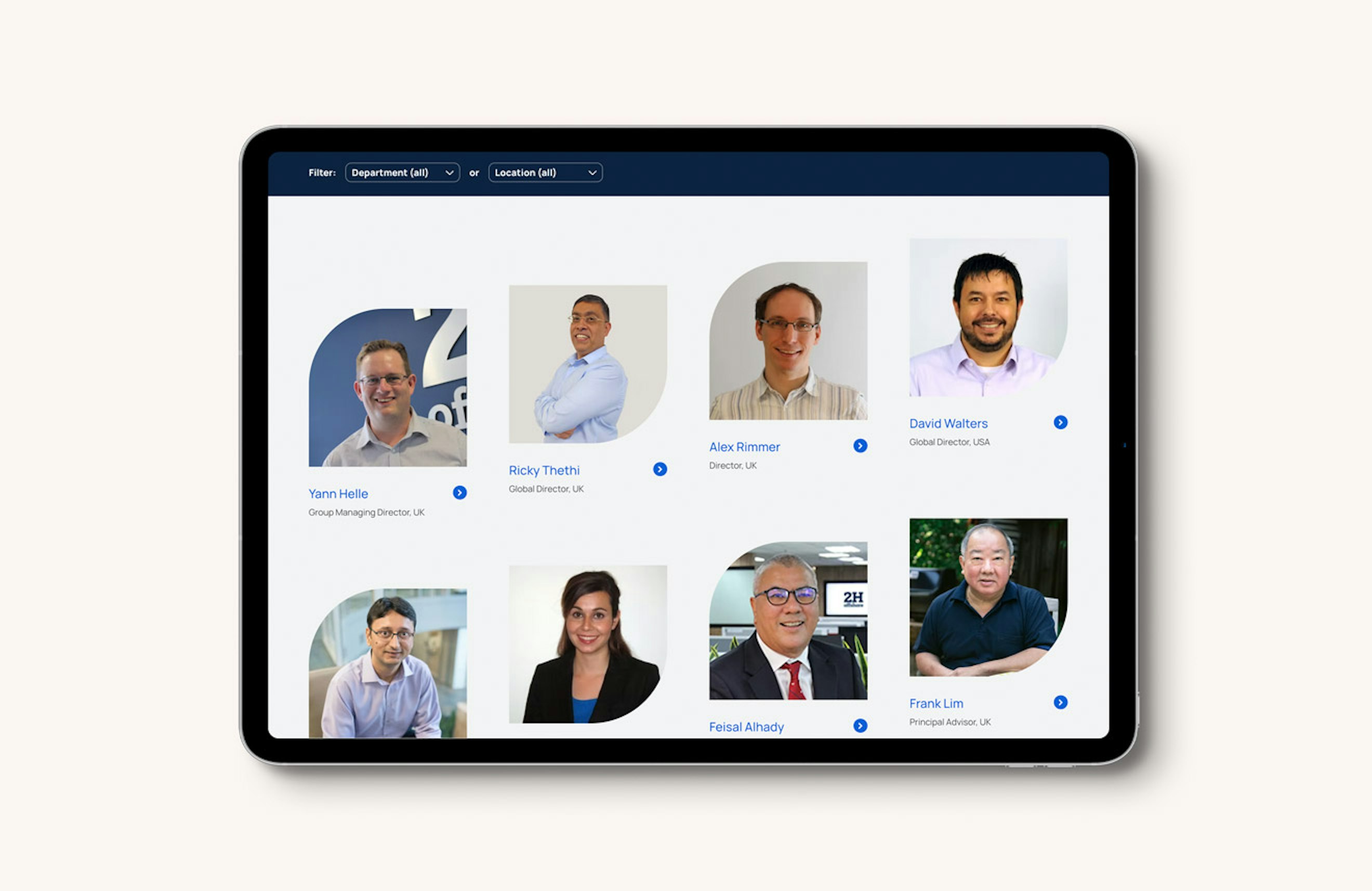 The team section of the 2H website, displayed on an Ipad tablet computer