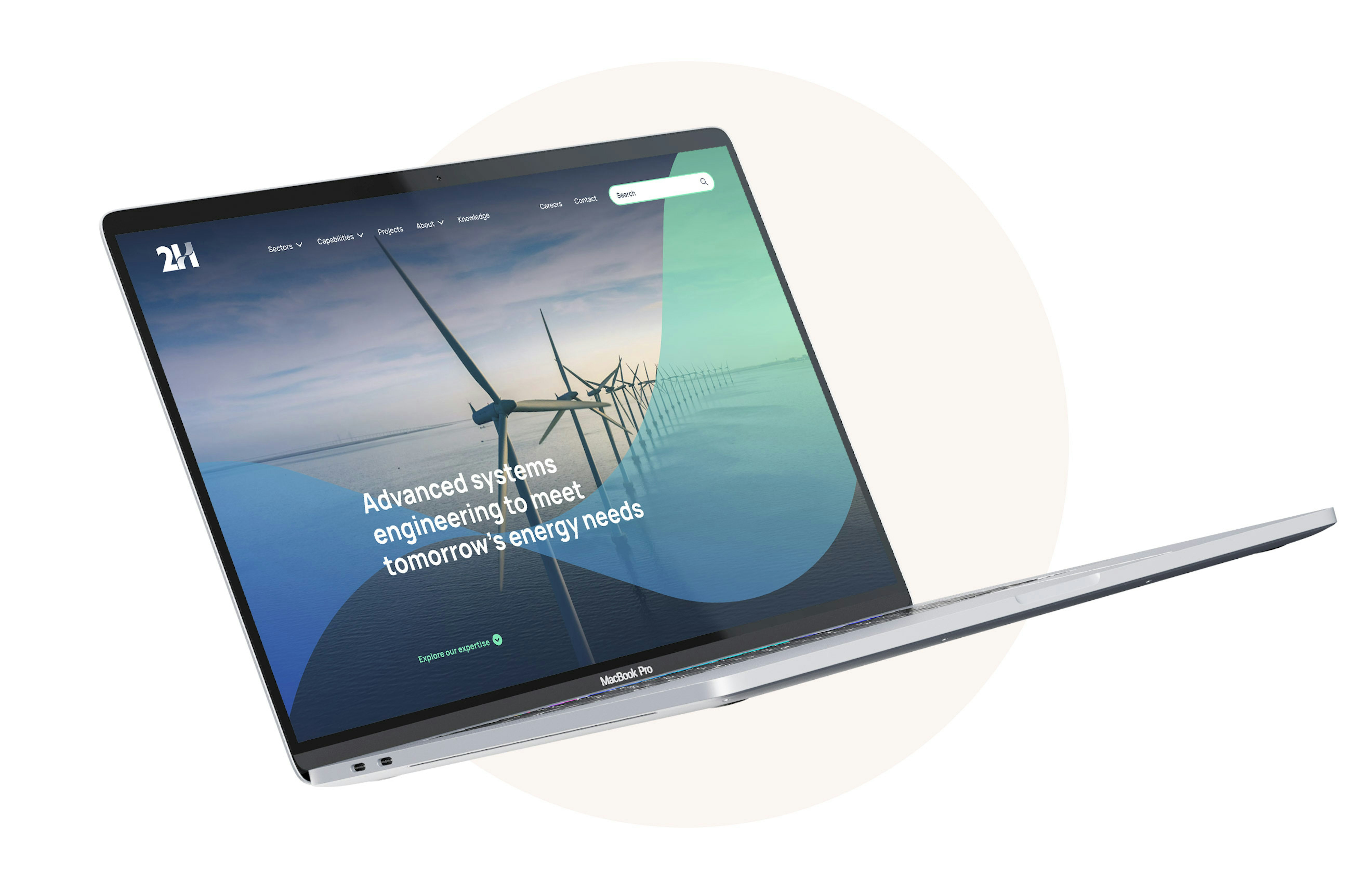 An open laptop computer displaying the hero section of the 2H website homepage