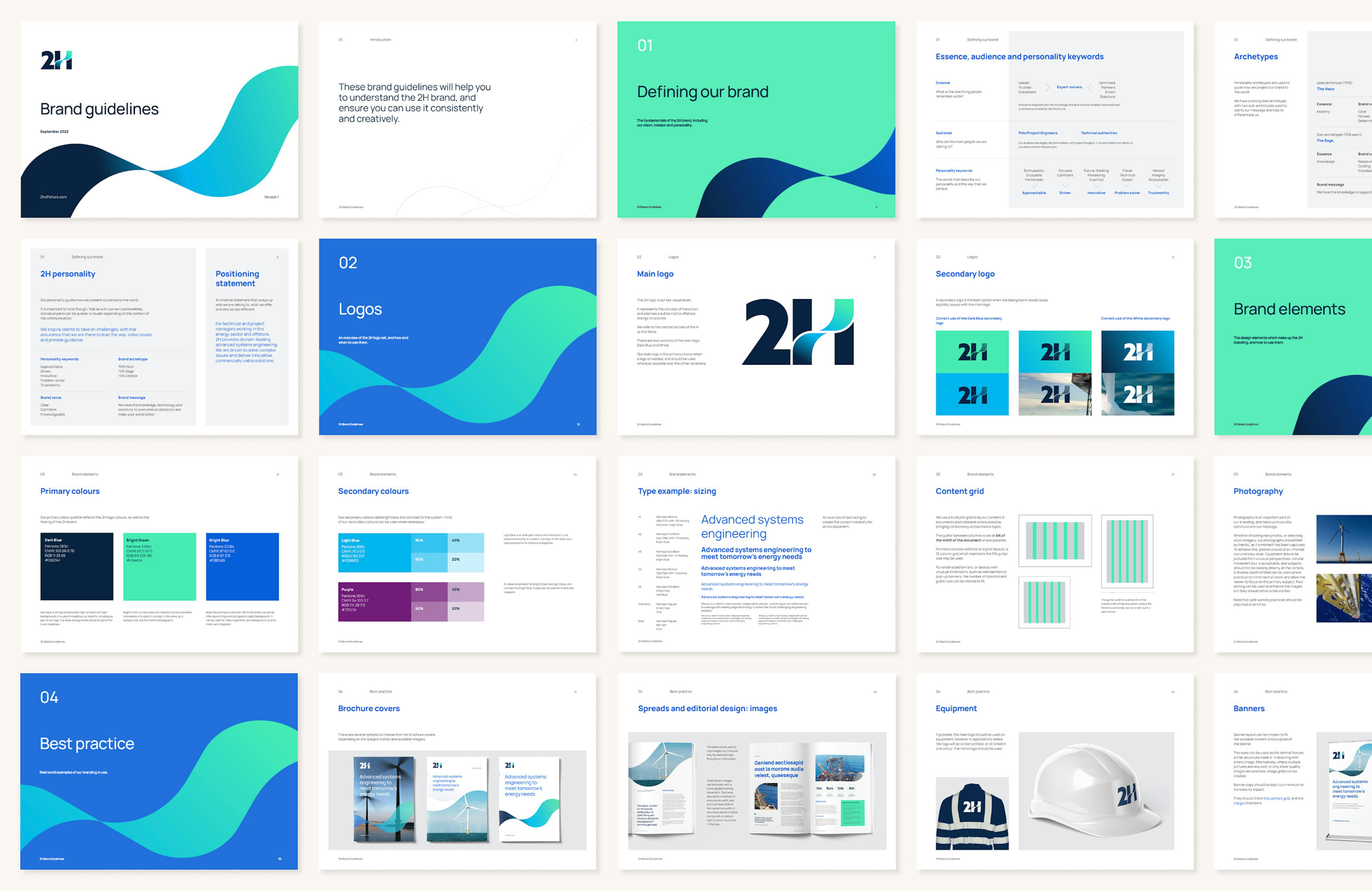 20 pages from the 2H brand guideline in a grid. These include tone of voice, colour use, logo use and example applications.