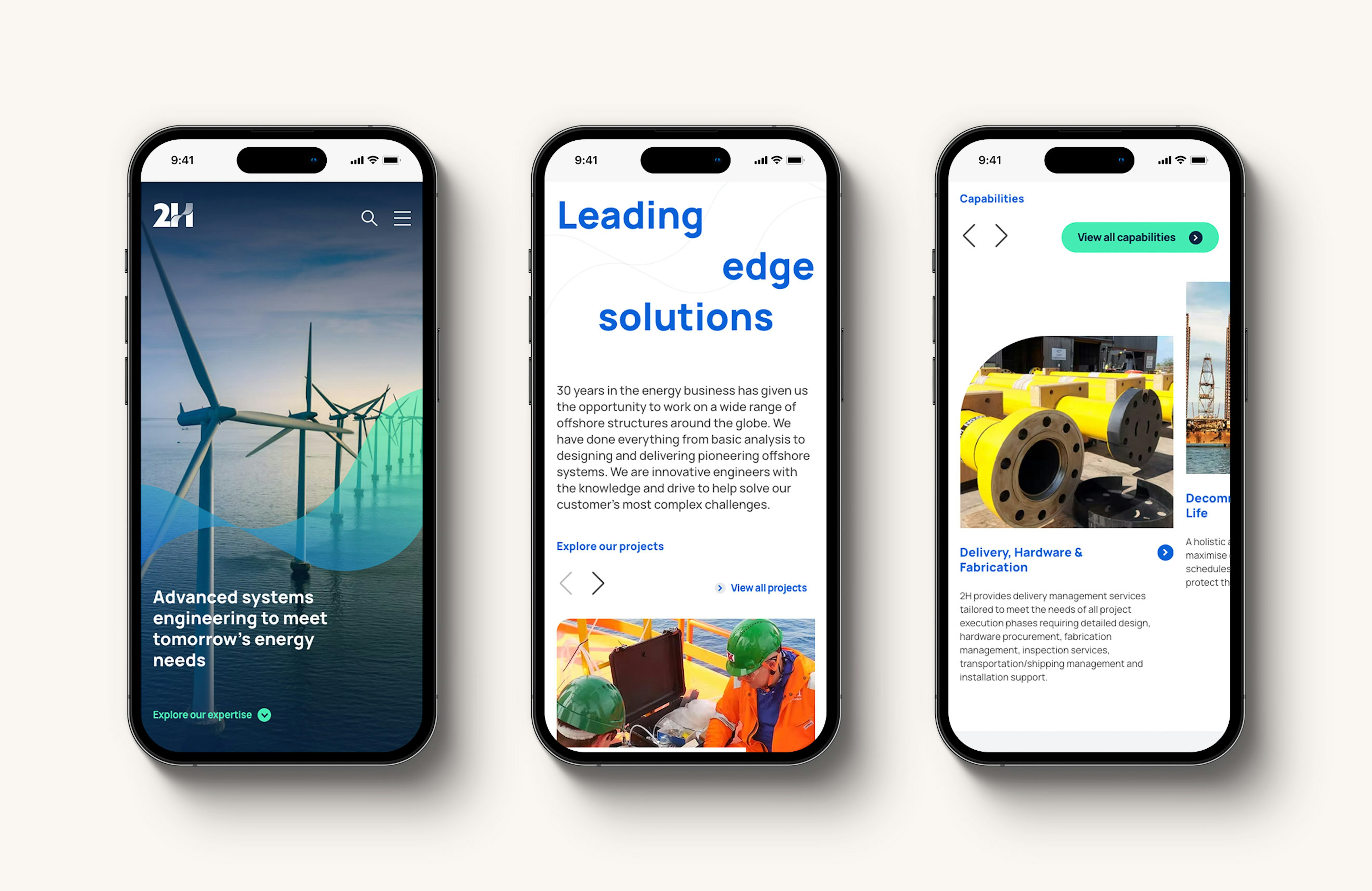 Sections of the 2H website displayed on three iphones