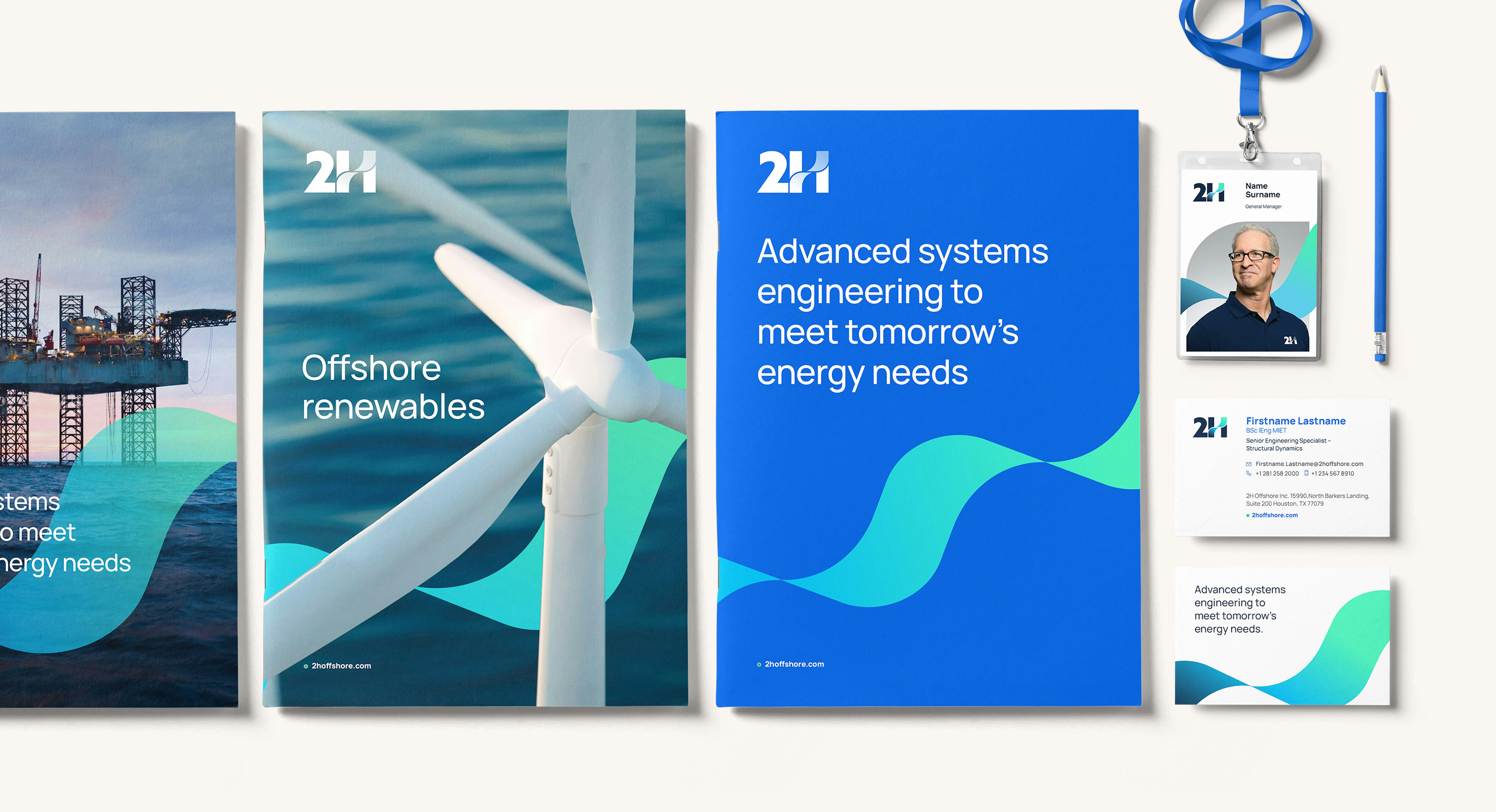 A number of newly designed 2H marketing and brand collateral, including brochure covers, a name badge and business cards