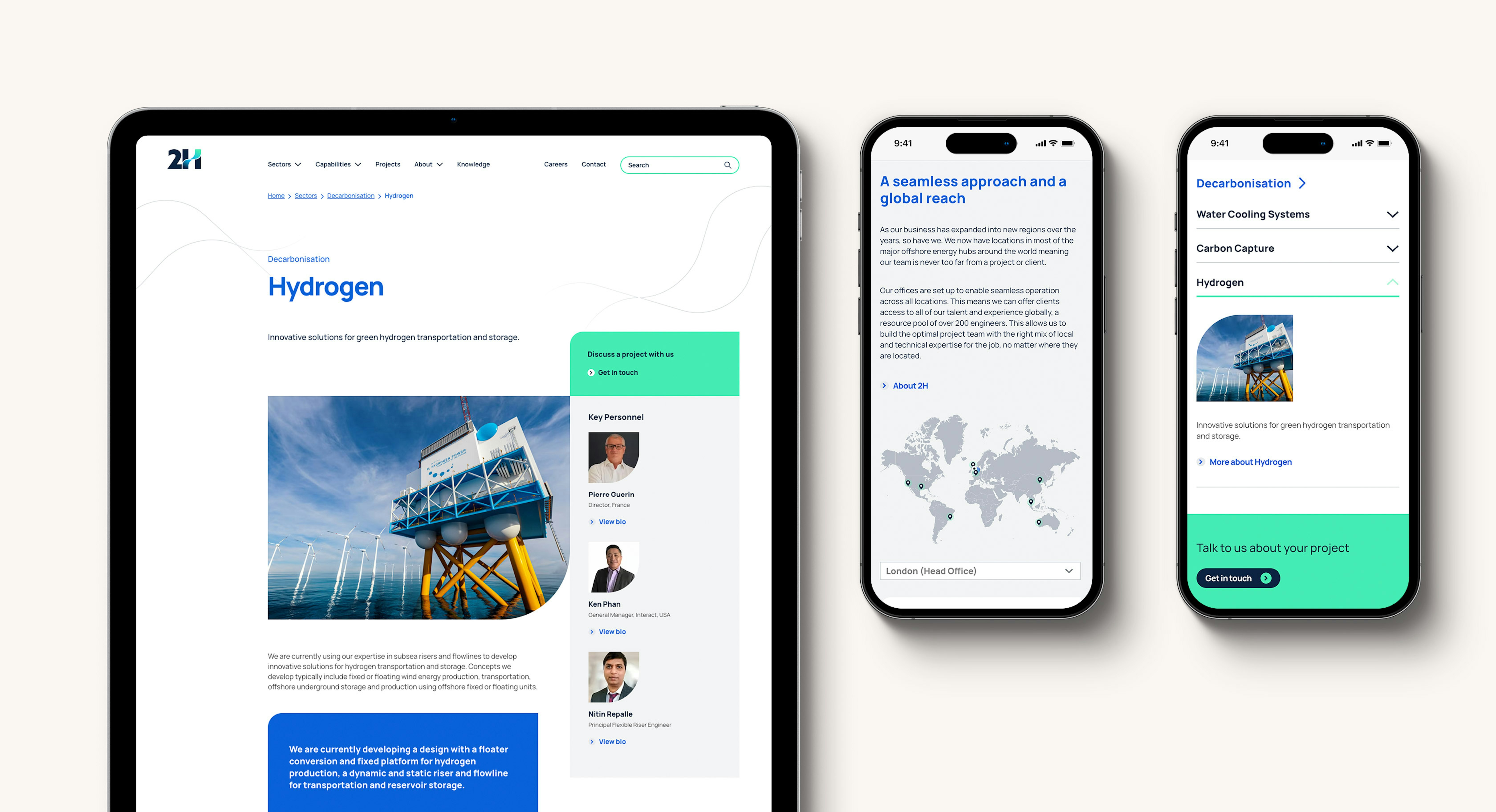The 2H website displayed on a tablet computer and two mobile phones