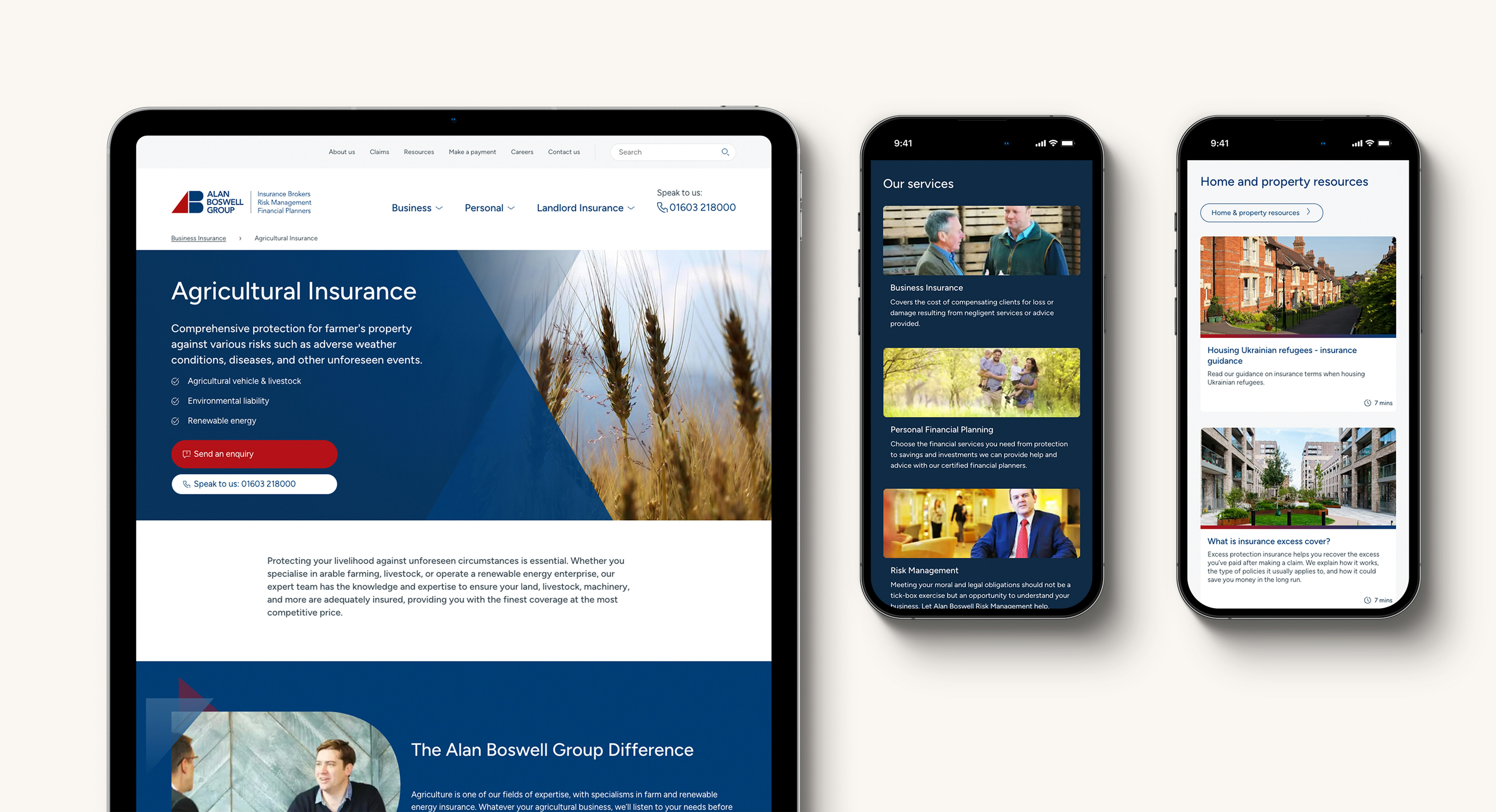 An ipad and two mobile devices displaying pages from the new Alan Boswell Group Website