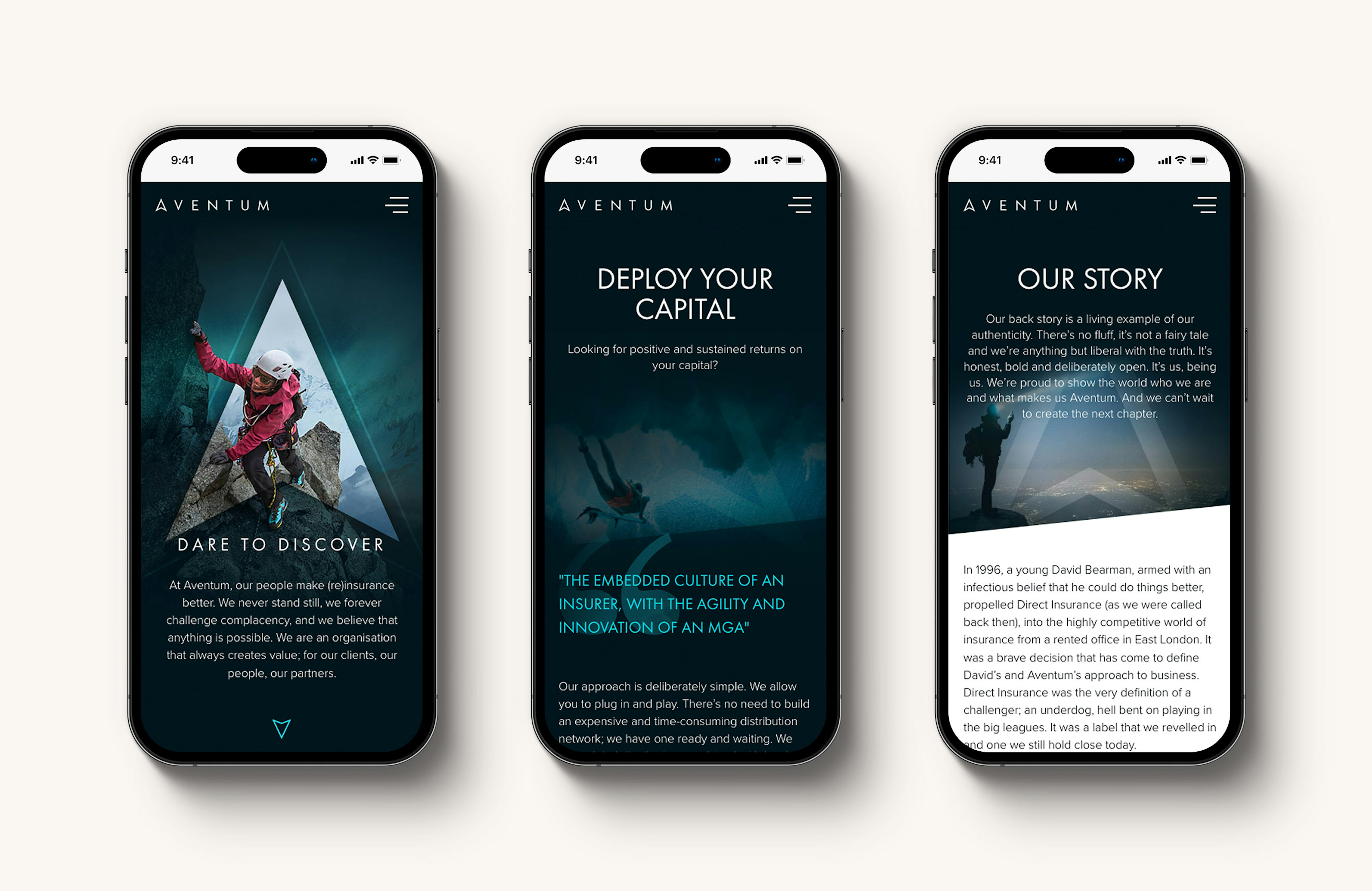 Three smartphones displaying the Aventum website, featuring bold visuals and messaging about discovery, capital deployment, and the company’s story.