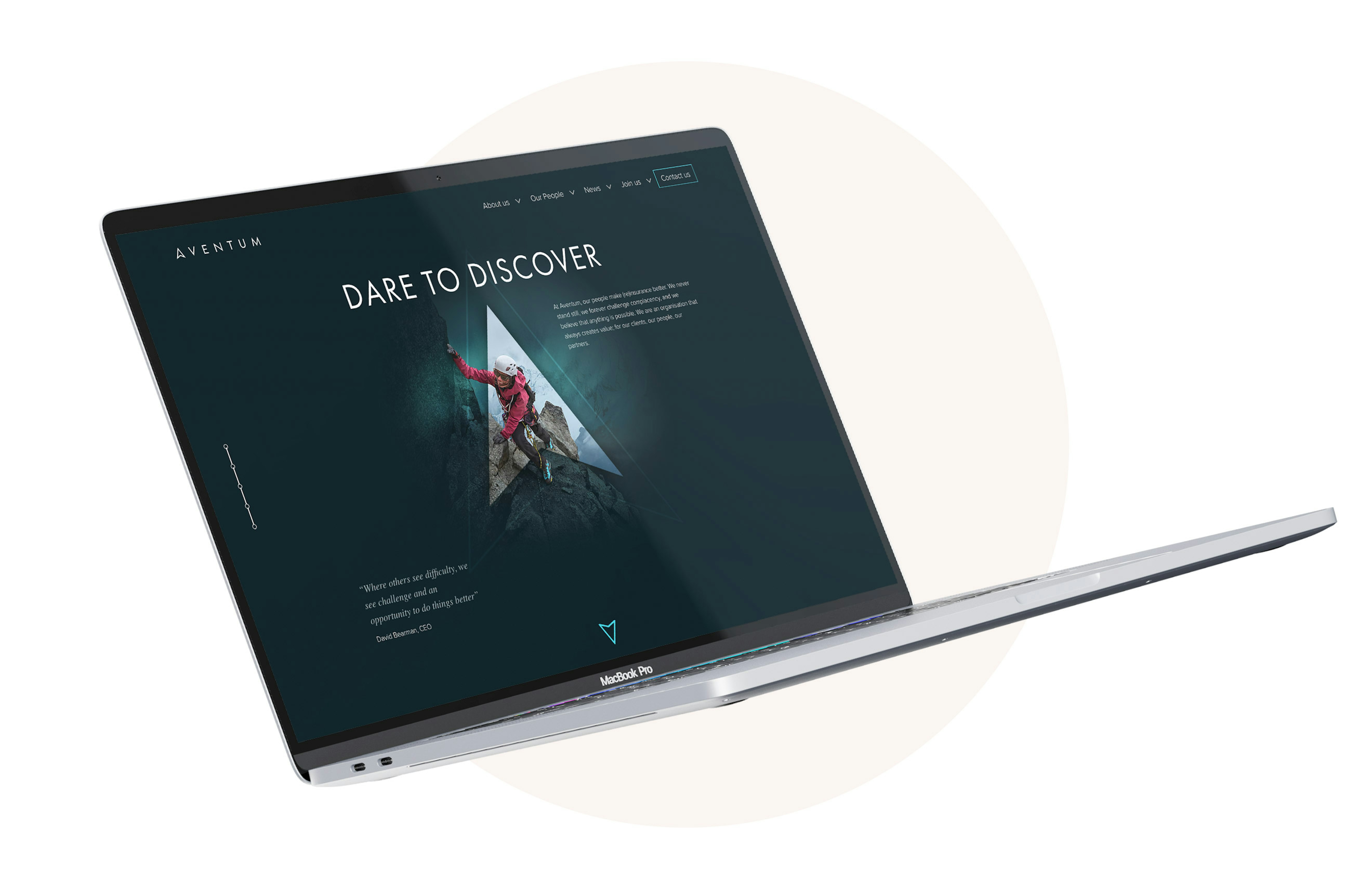 An open laptop computer displaying the hero section of the Aventum group website