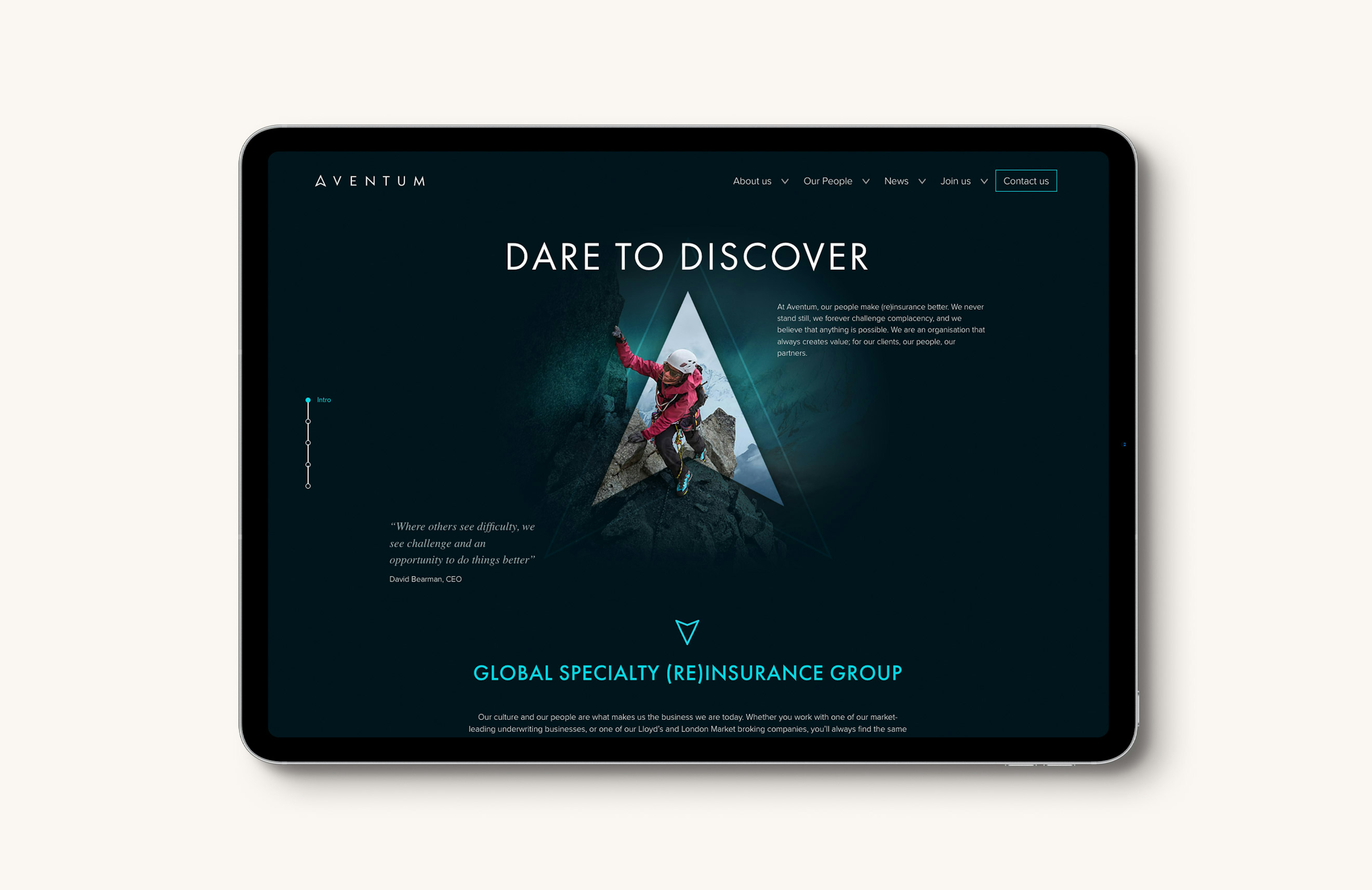 An iPad tablet computer displaying the hero section of the Aventum website