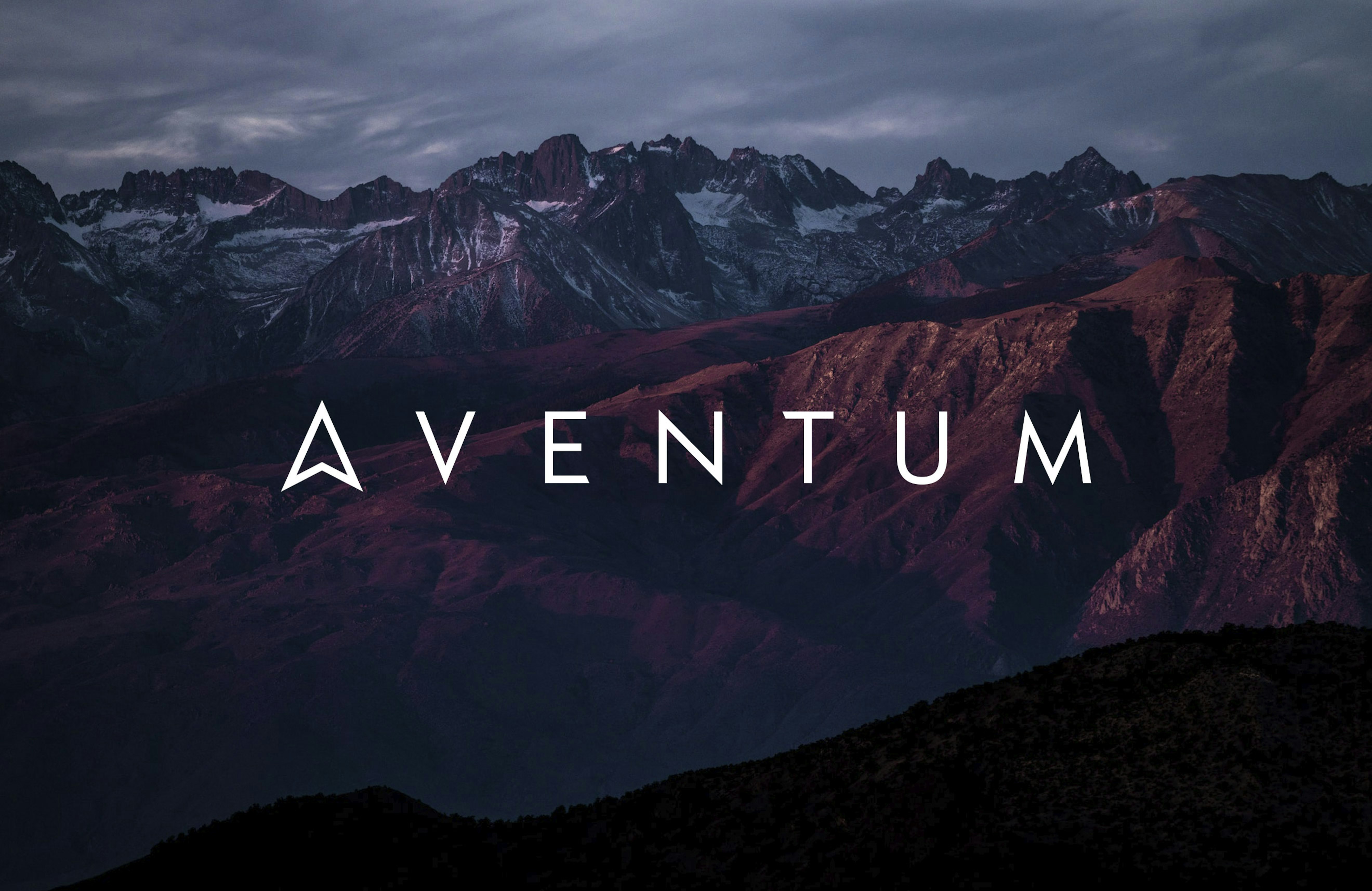 The Aventum group logo in white set on a background of a dramatic photo of snow-capped mountains