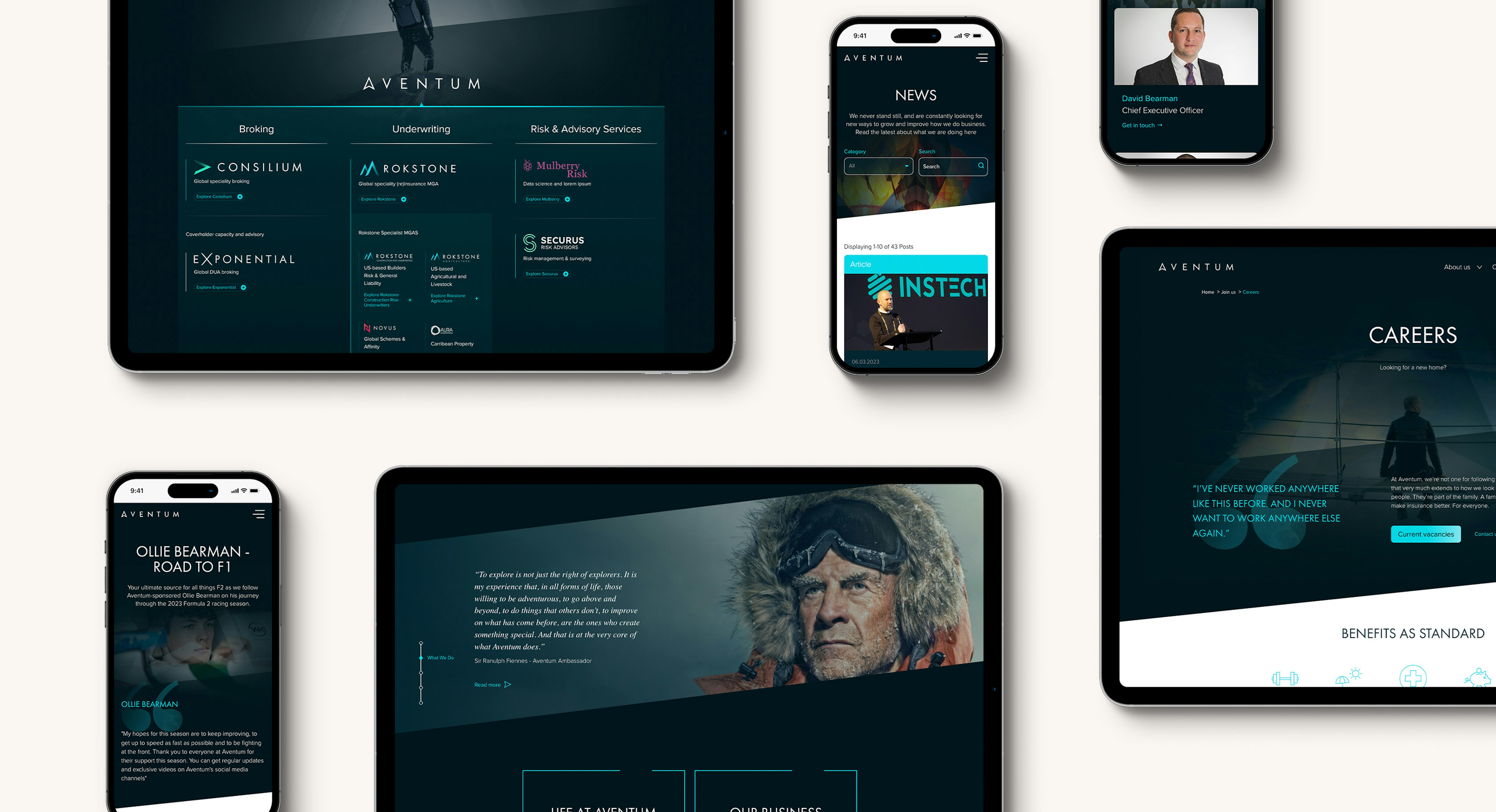 A group of tablet and mobile devices laid out on a surface all displaying different parts of the Aventum group website