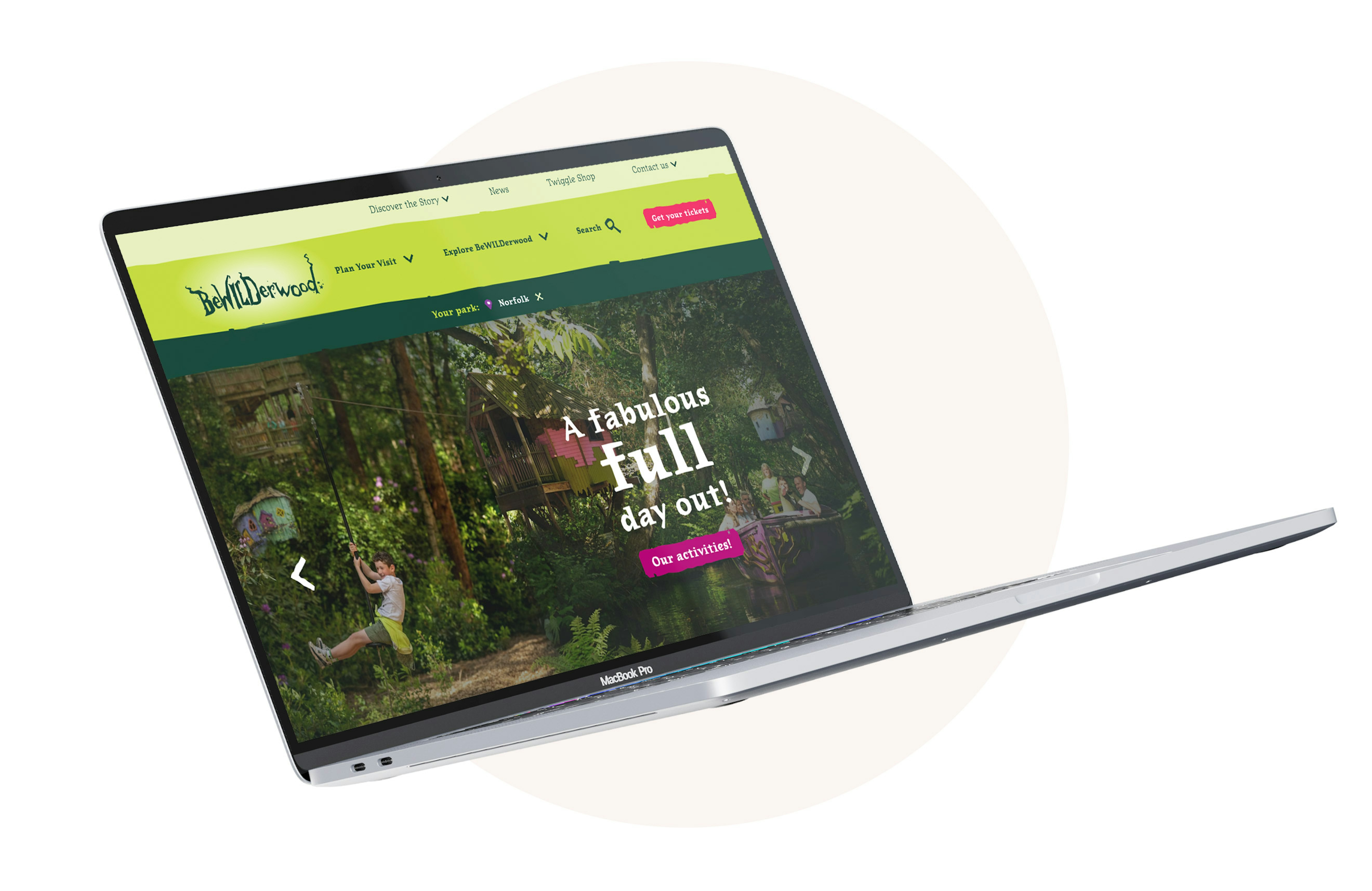 A Apple Macbook Pro showing the Bewilderwood website homepage