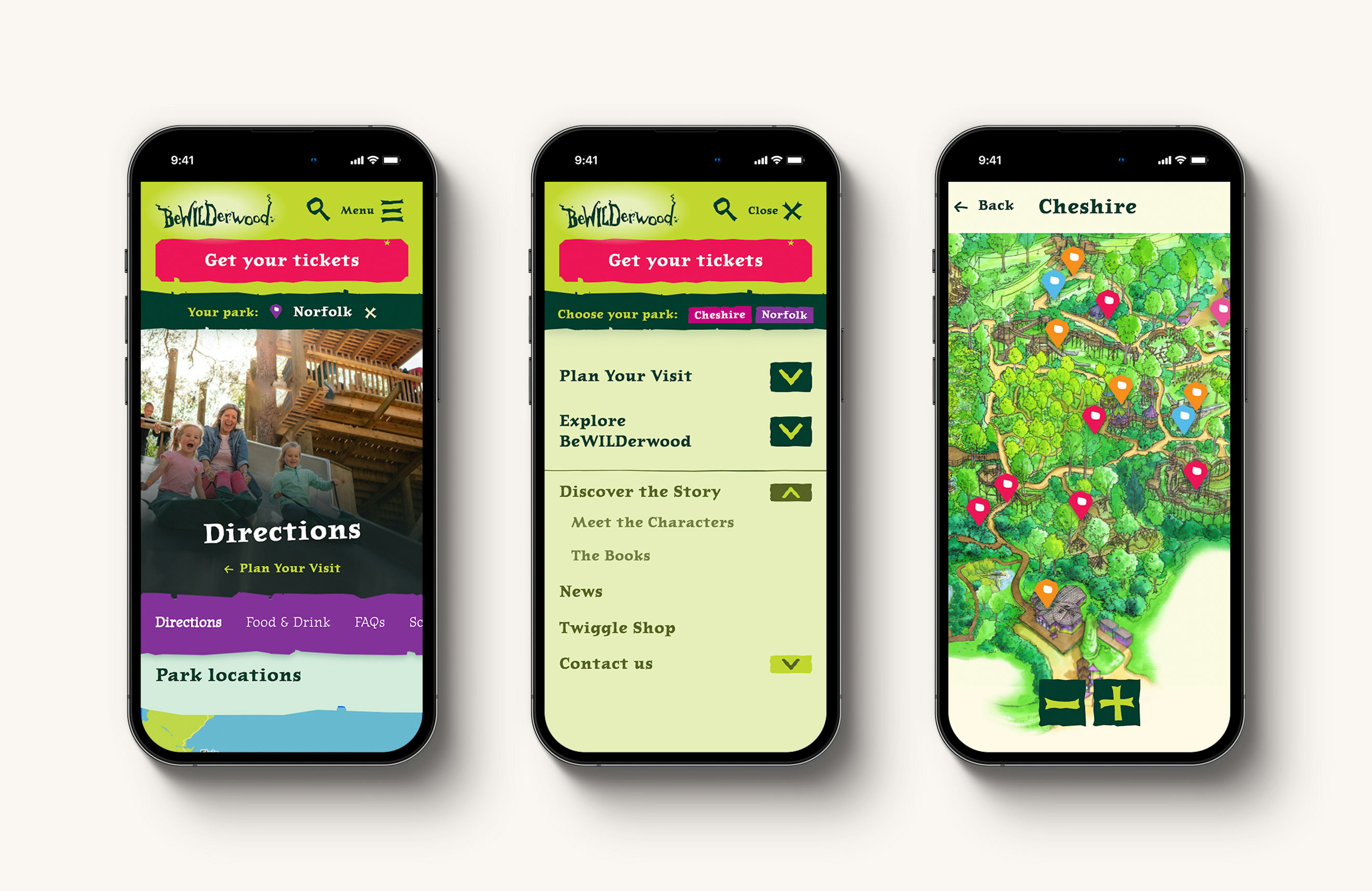 Three mobile devices showing various pages from the Bewilderwood website