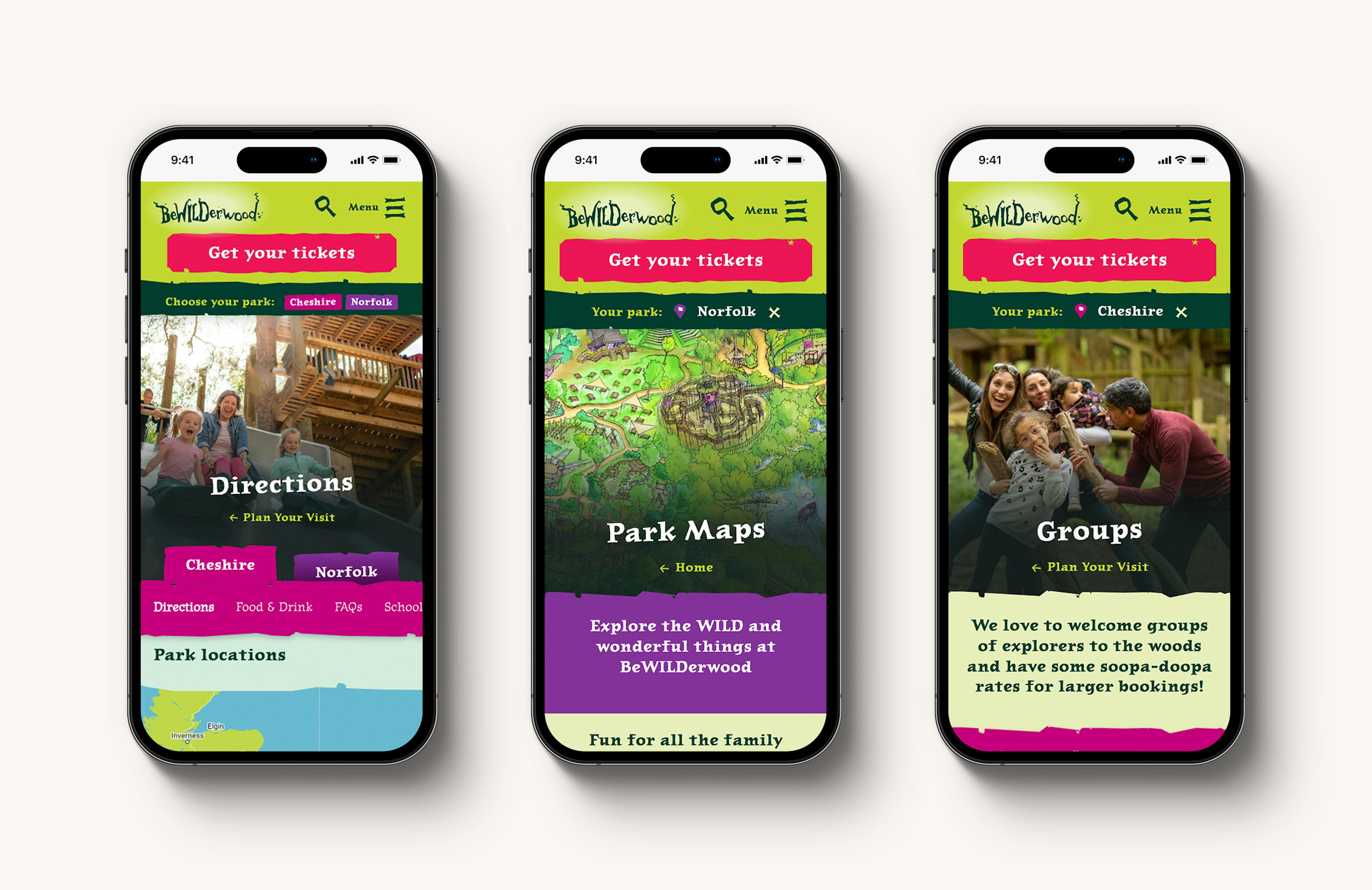 Three iphones showing pages from the Bewilderwood website