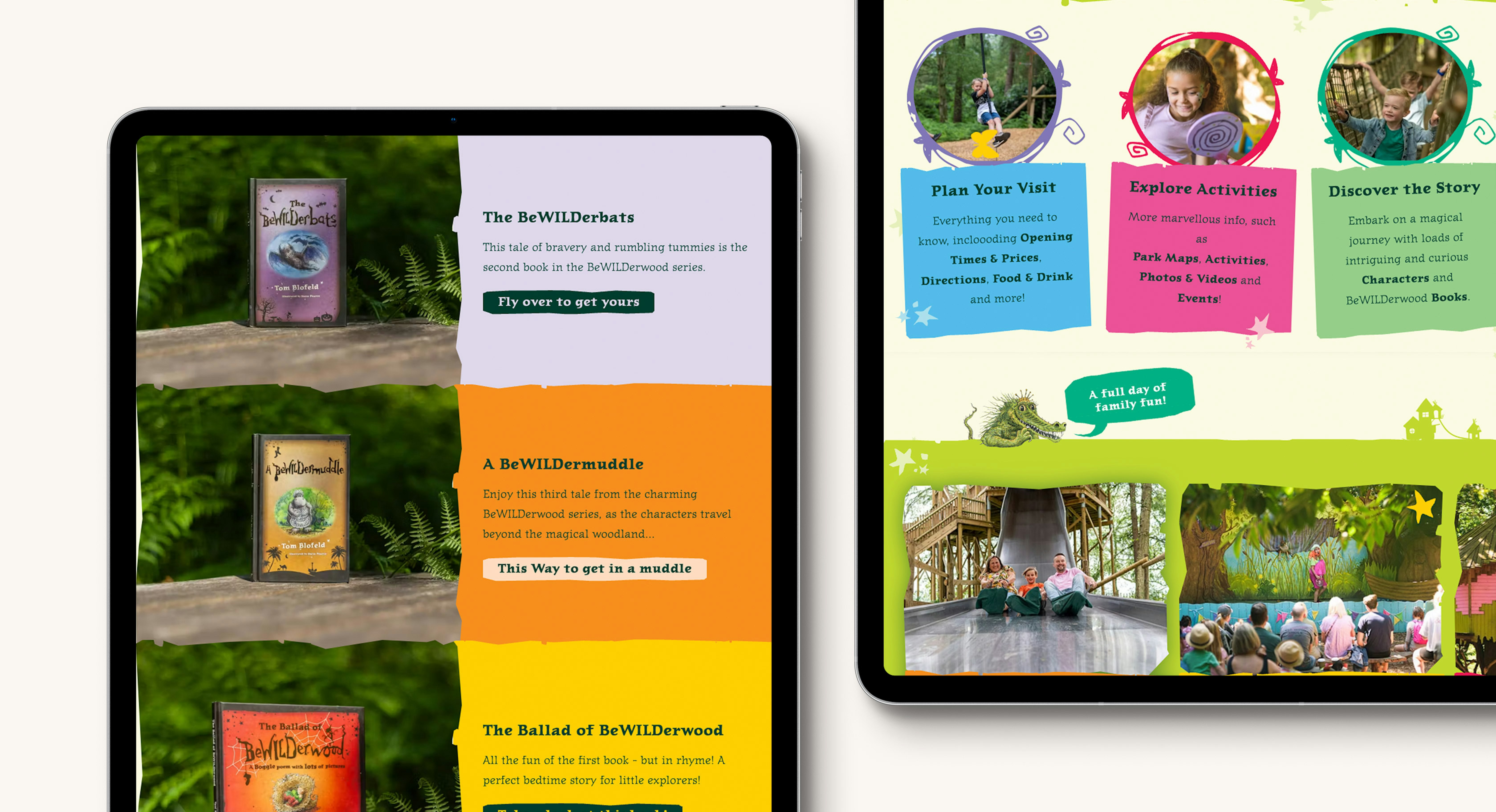 Two ipads showing pages from the Bewilderwood website