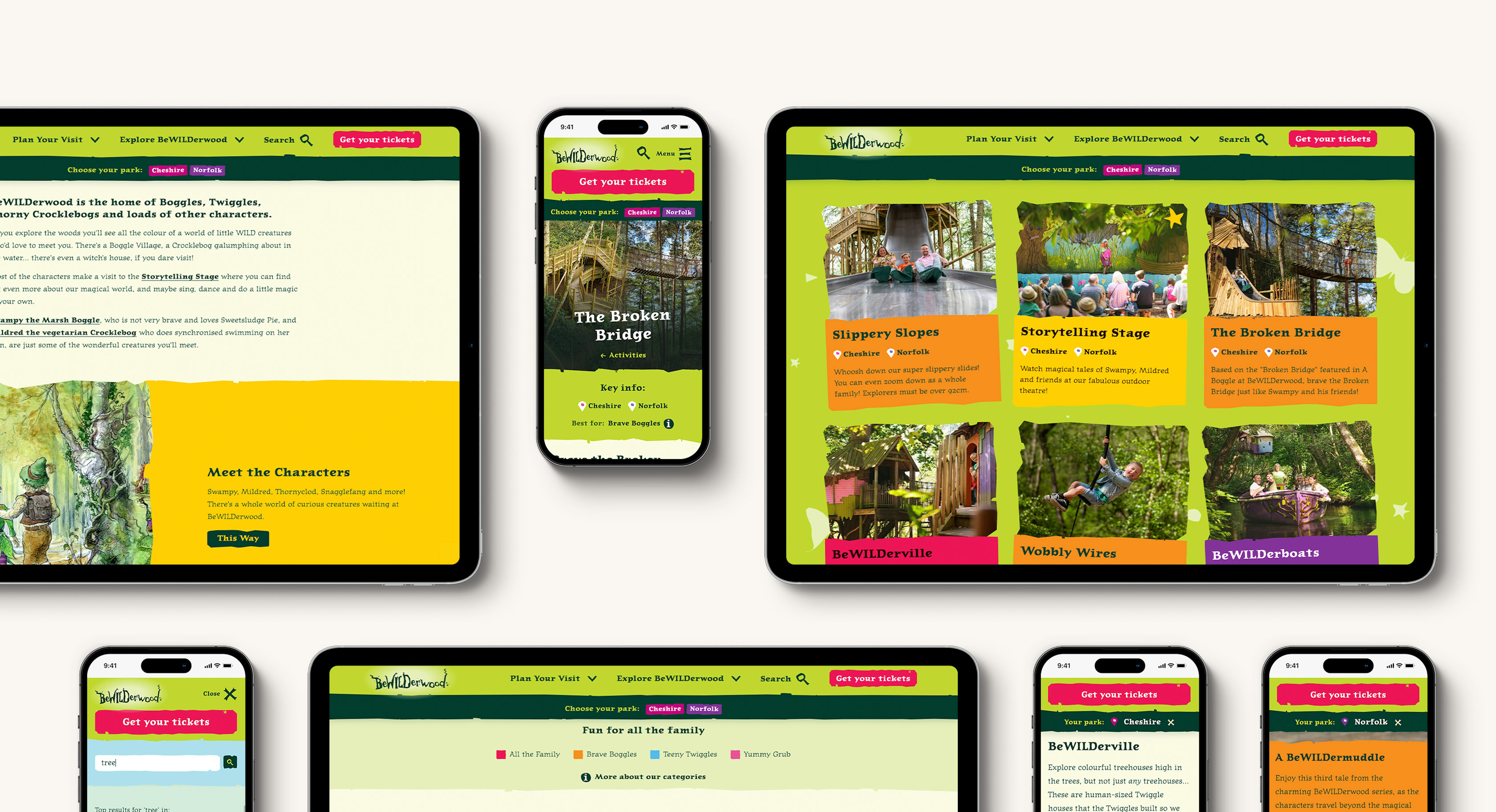 Various mobile devices displaying different pages from the BeWilderwood website