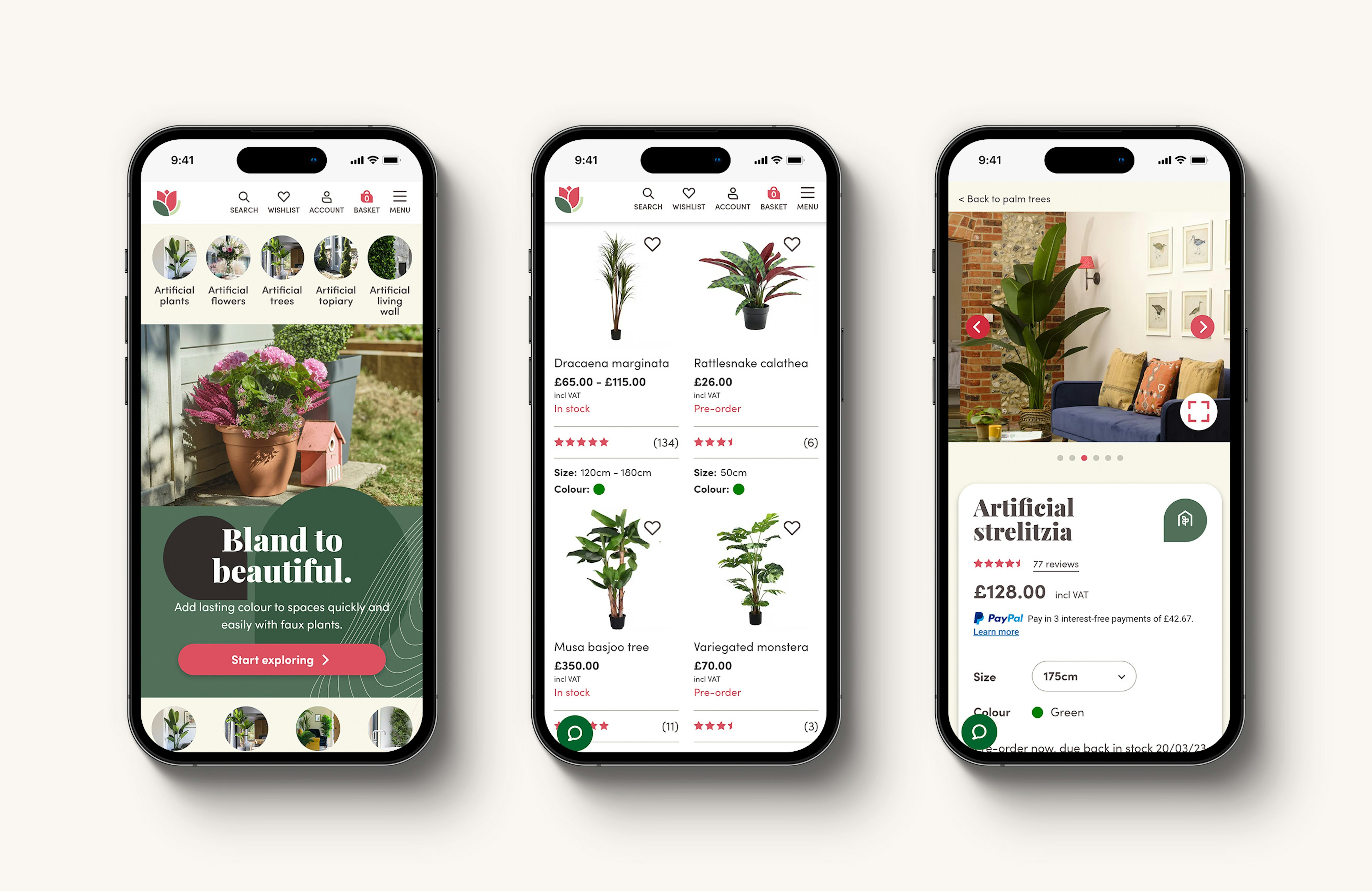 Three smartphones displaying the Blooming Artificial website, showcasing a homepage banner, product listings for artificial plants, and a detailed product page for an artificial strelitzia.