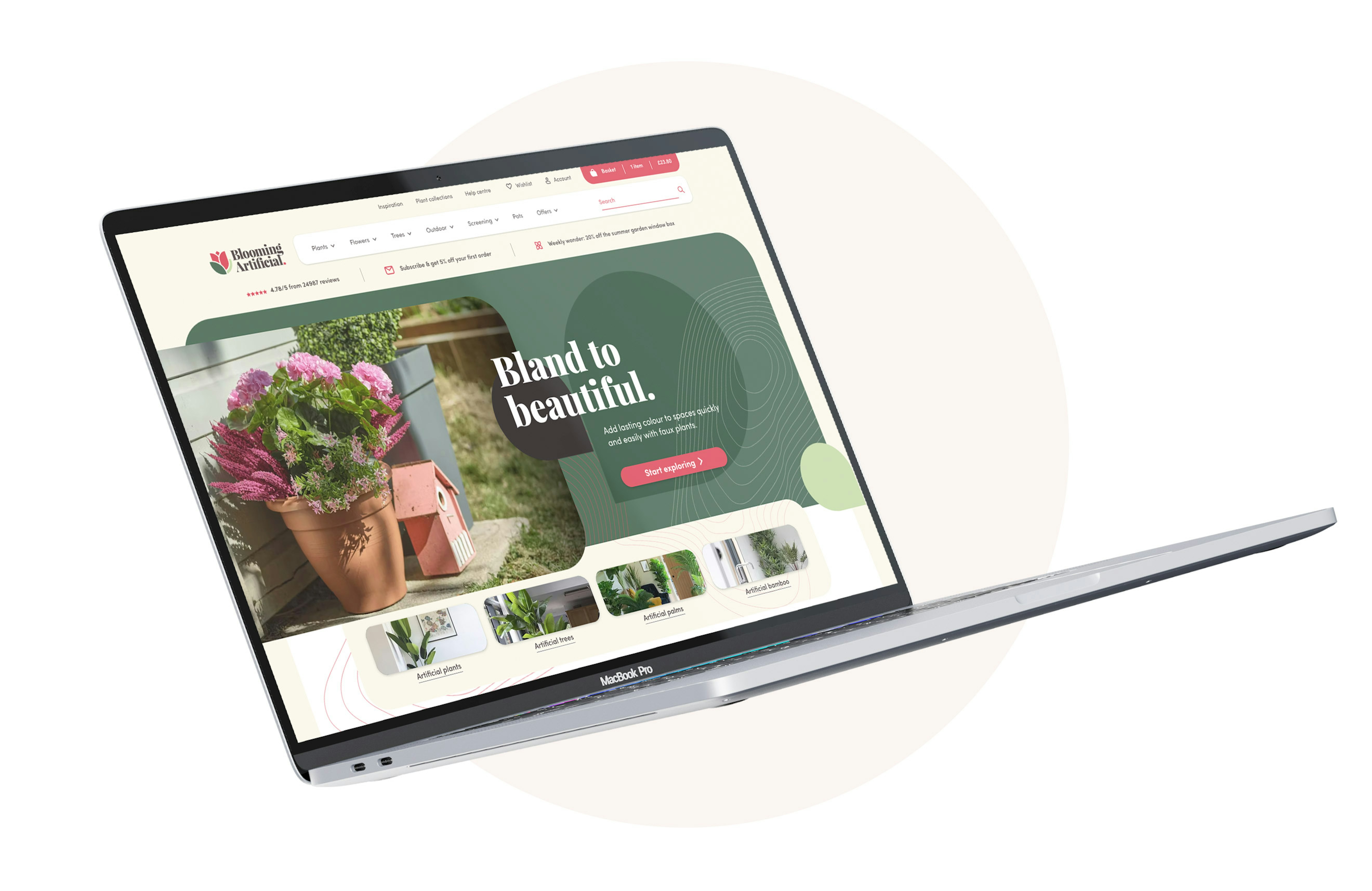 A MacBook Pro displaying the Blooming Artificial website, featuring a vibrant homepage banner with the tagline