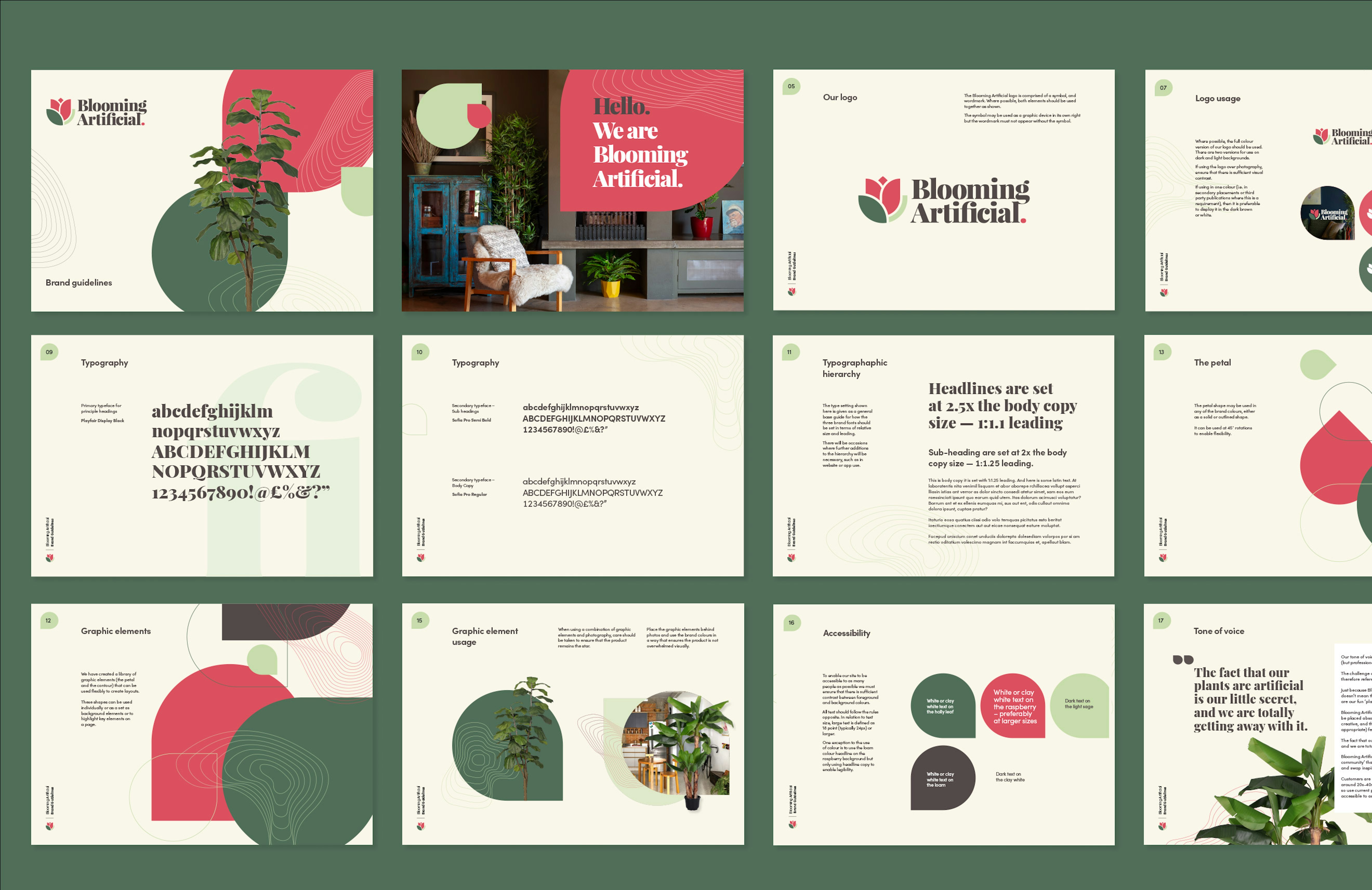 A visual overview of Blooming Artificial's brand guidelines, showcasing logo usage, typography, graphic elements, accessibility considerations, and tone of voice in a cohesive design layout.
