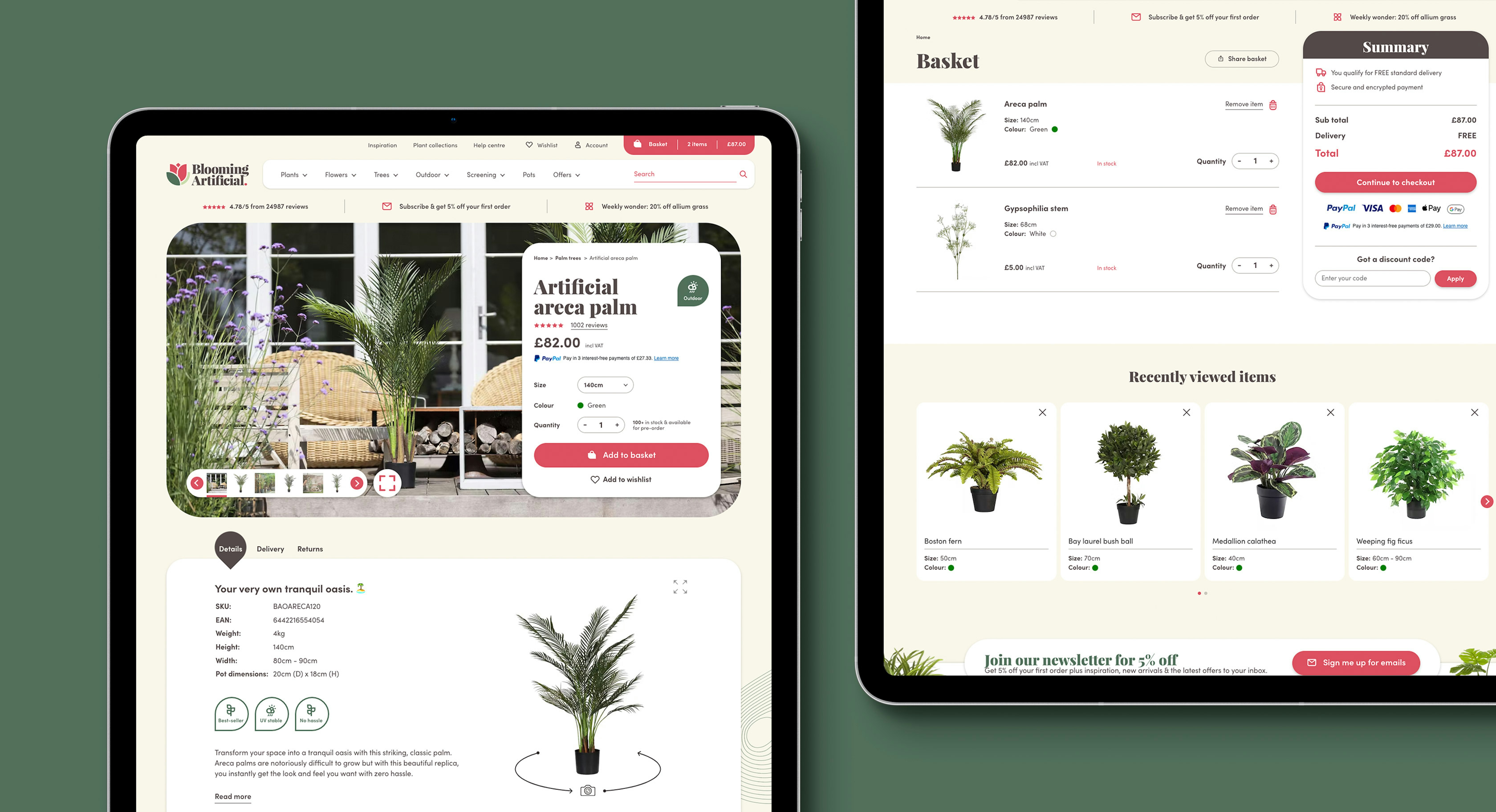 Two tablets displaying the Blooming Artificial website, showcasing a product page for an artificial areca palm and a shopping basket summary with recently viewed items.