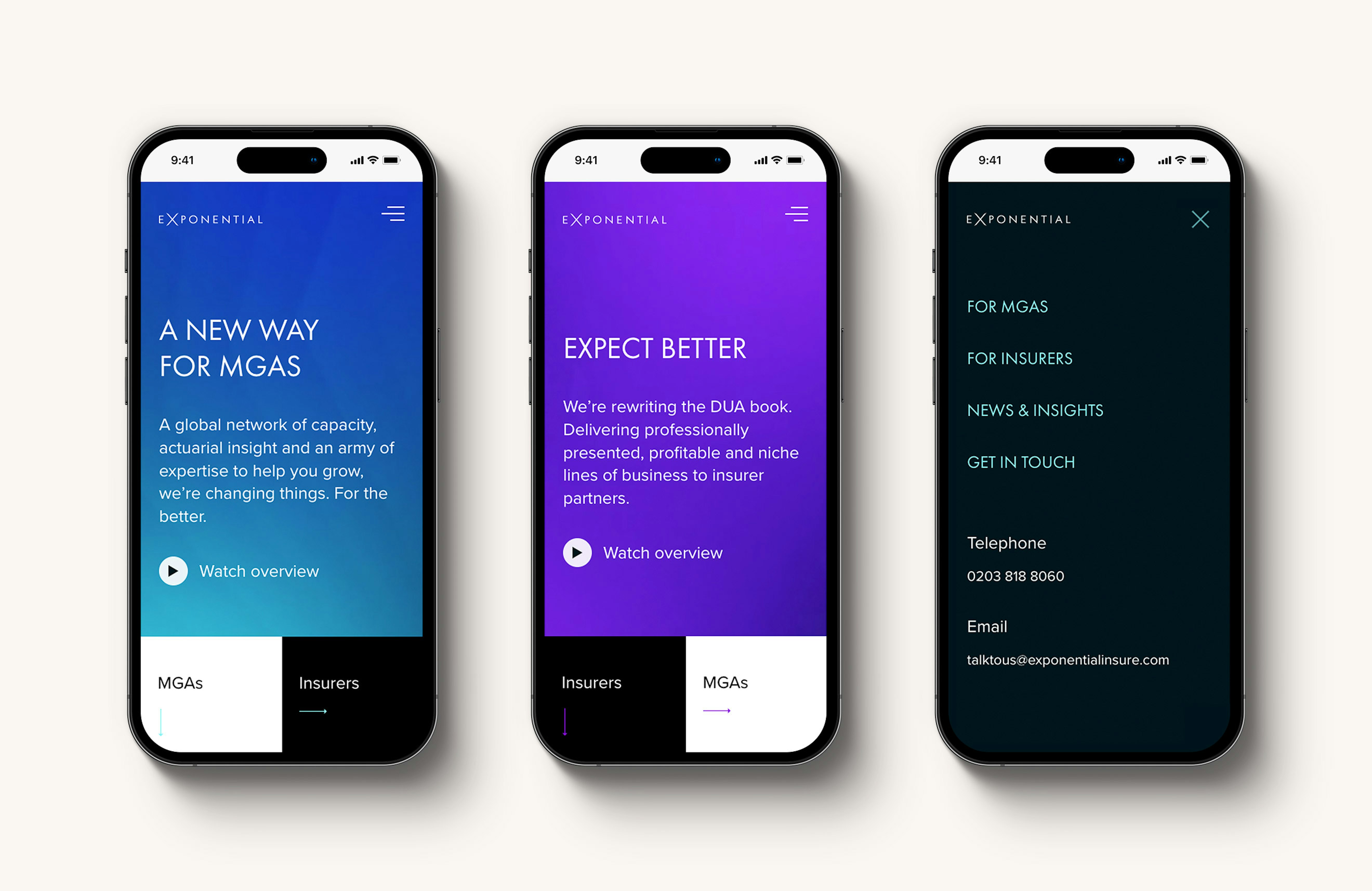A set of three iphones displaying the hero section of site and the navigation