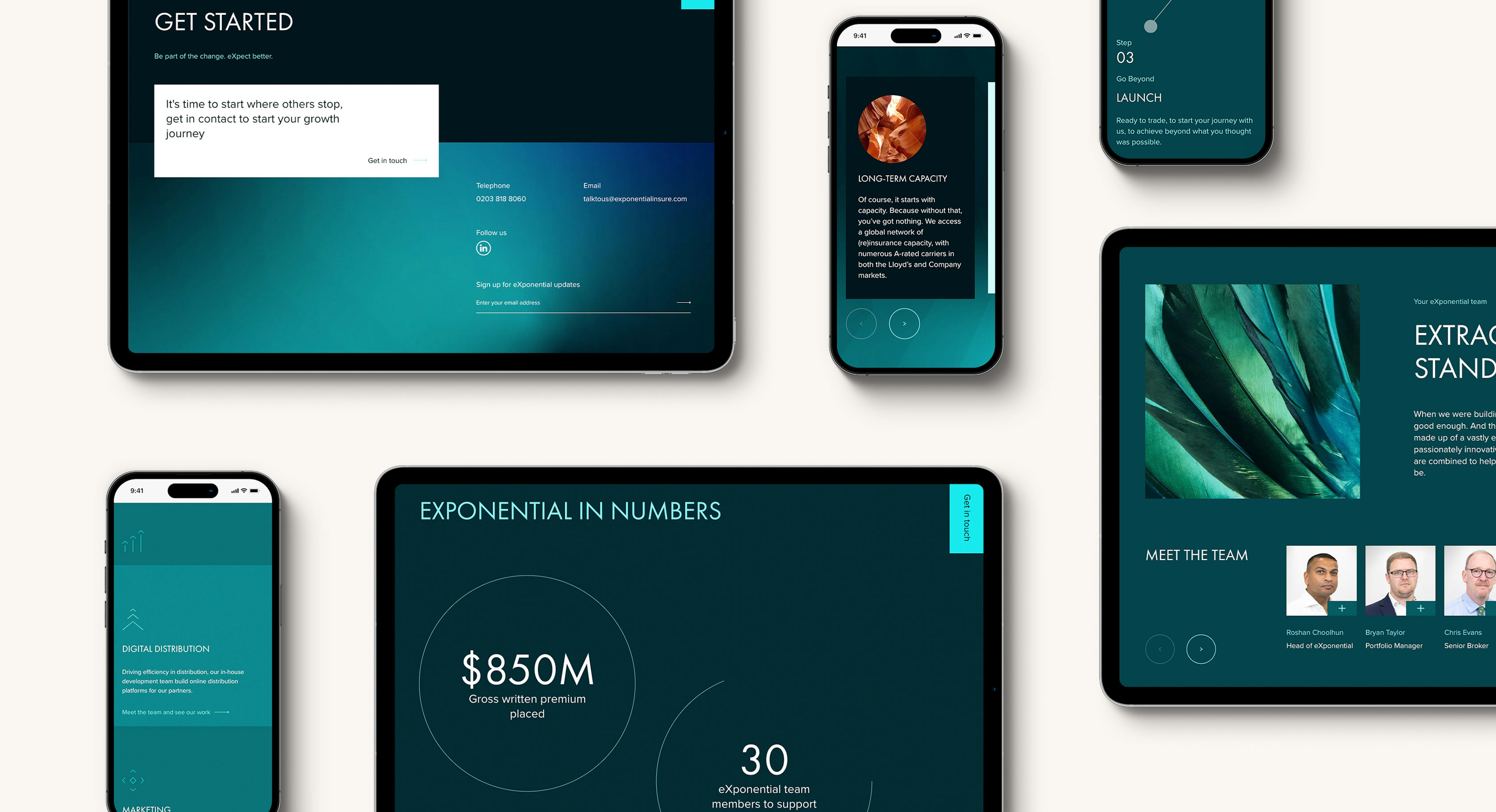 A number of iphone and tablet devices set out across a flat surface each displaying a different part of the Exponential website