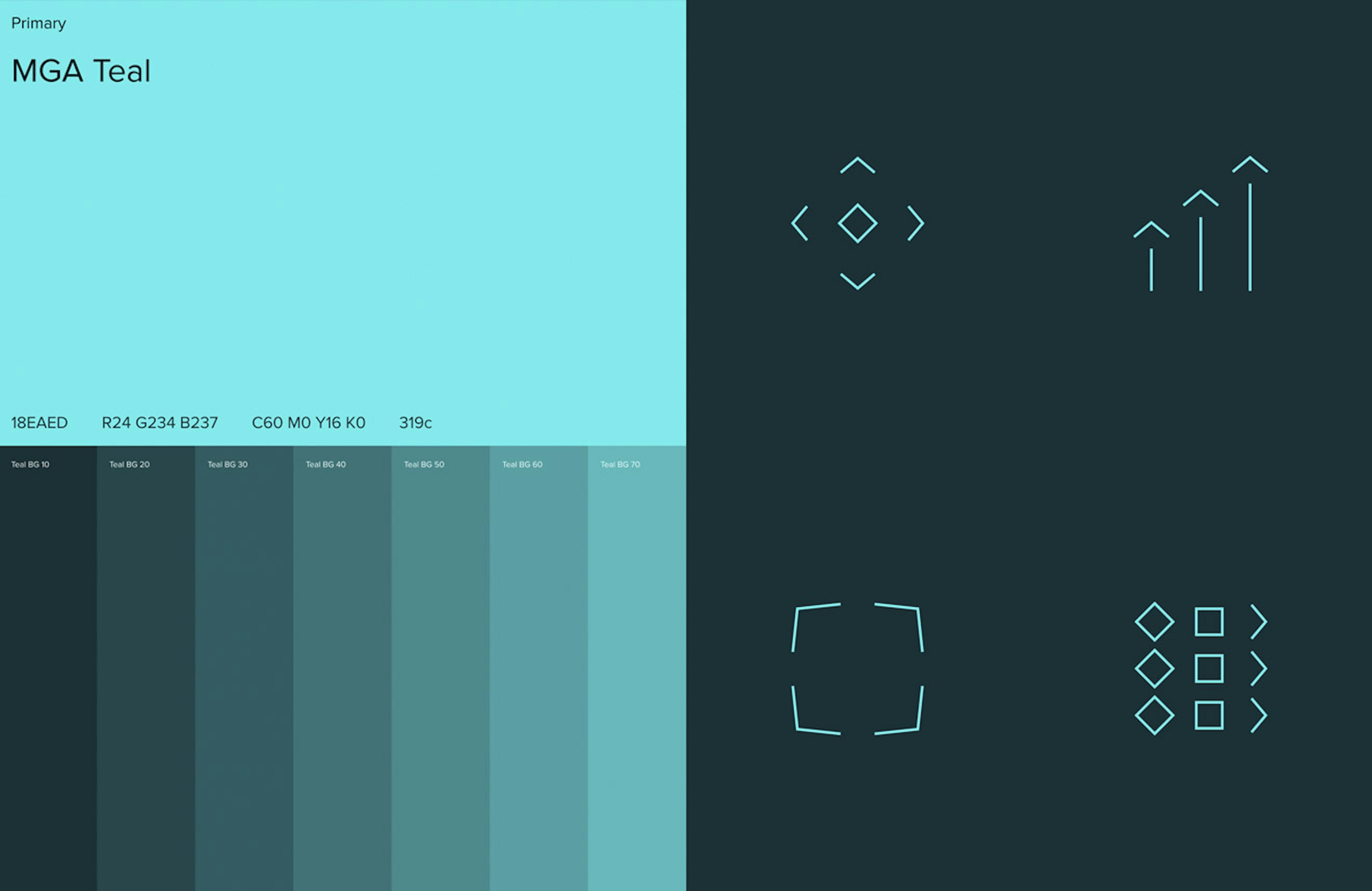 A page from the Exponential brand document displaying a core brand colour (MGA Teal) with values for tints as well as some styled brand icon graphics