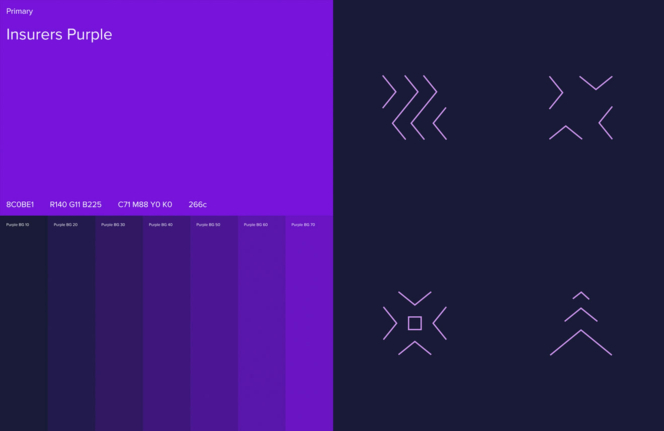 A page from the Exponential brand document displaying a core brand colour (Insurers purple) with values for tints as well as some styled brand icon graphics