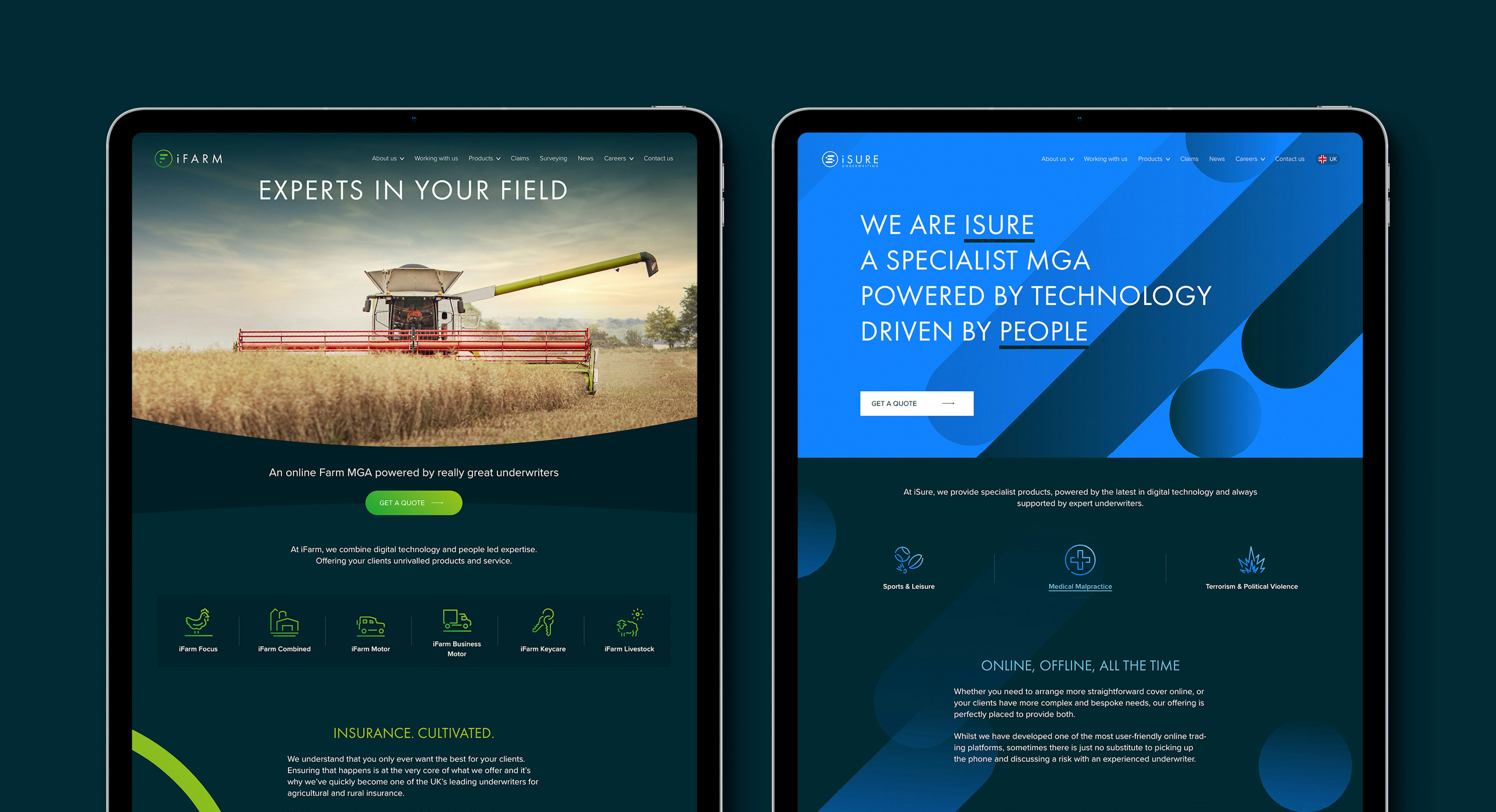 Two iPad tablet computers displaying the homepages of the iFarm and iSure websites