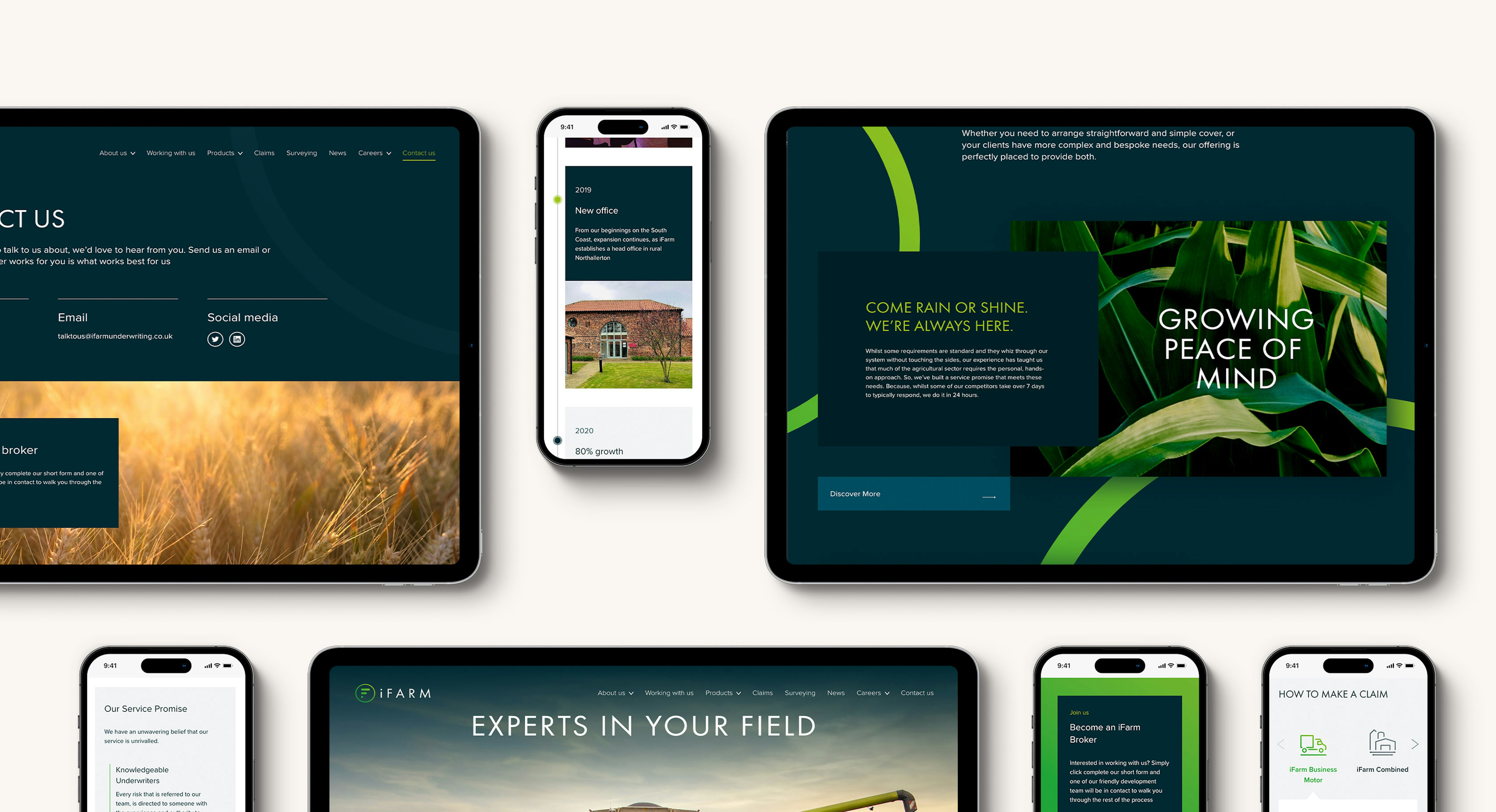 A number of tablet and mobile devices displaying different pages from the iFarm website