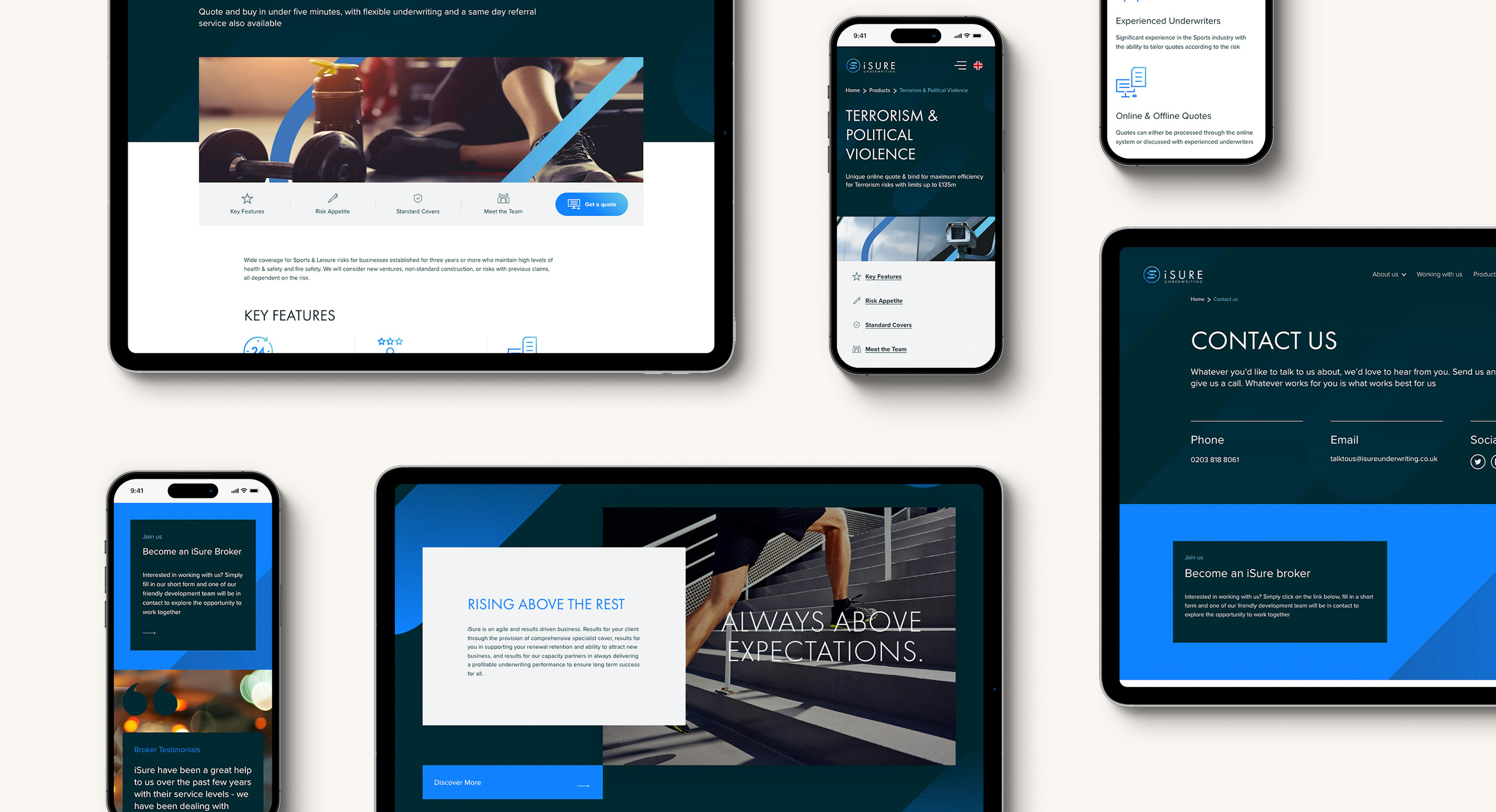 A number of tablet and mobile devices displaying different pages of the iSure website.
