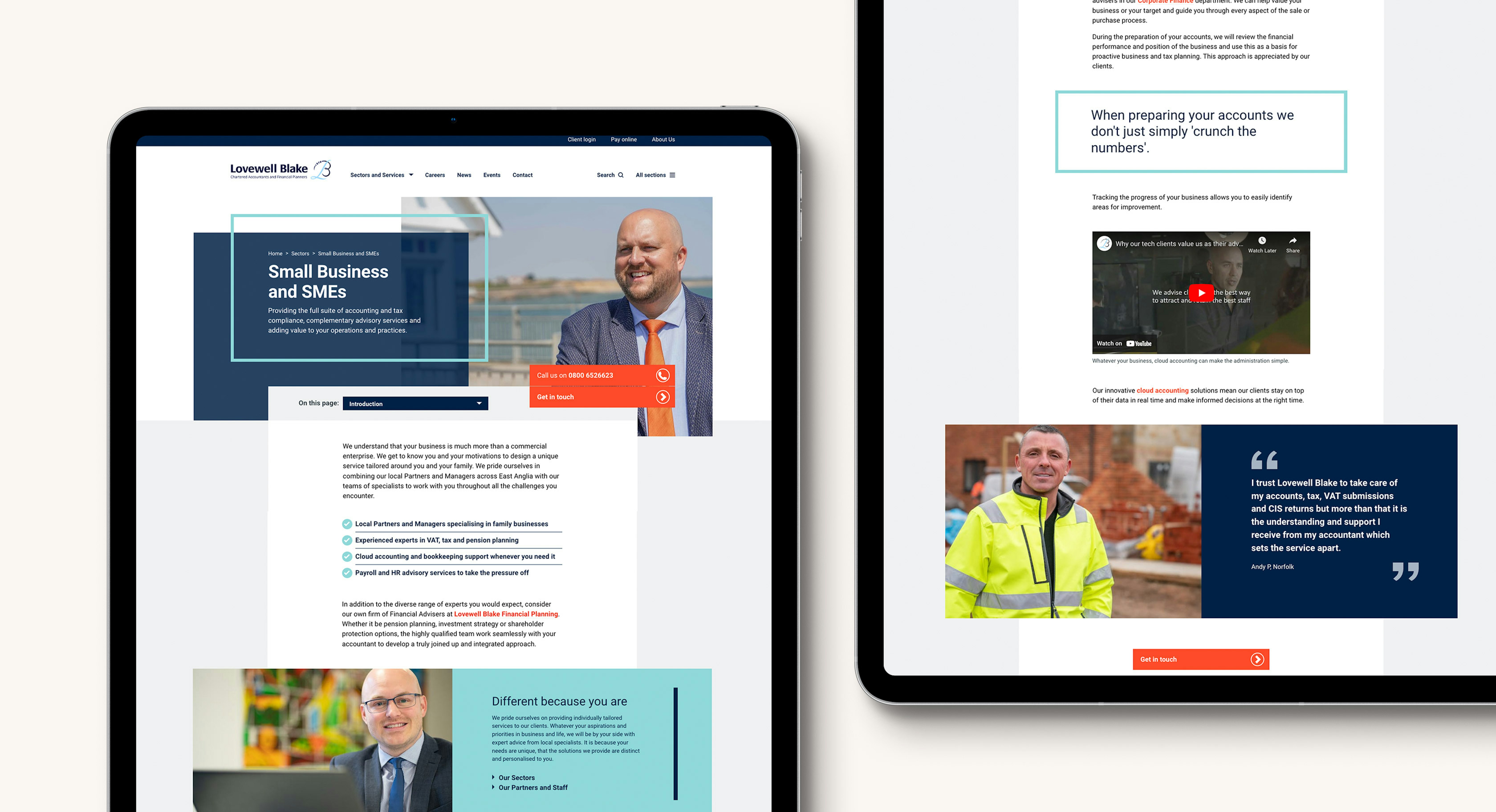 Two iPad tablet computers displaying sections of a service page on the Lovewell Blake website