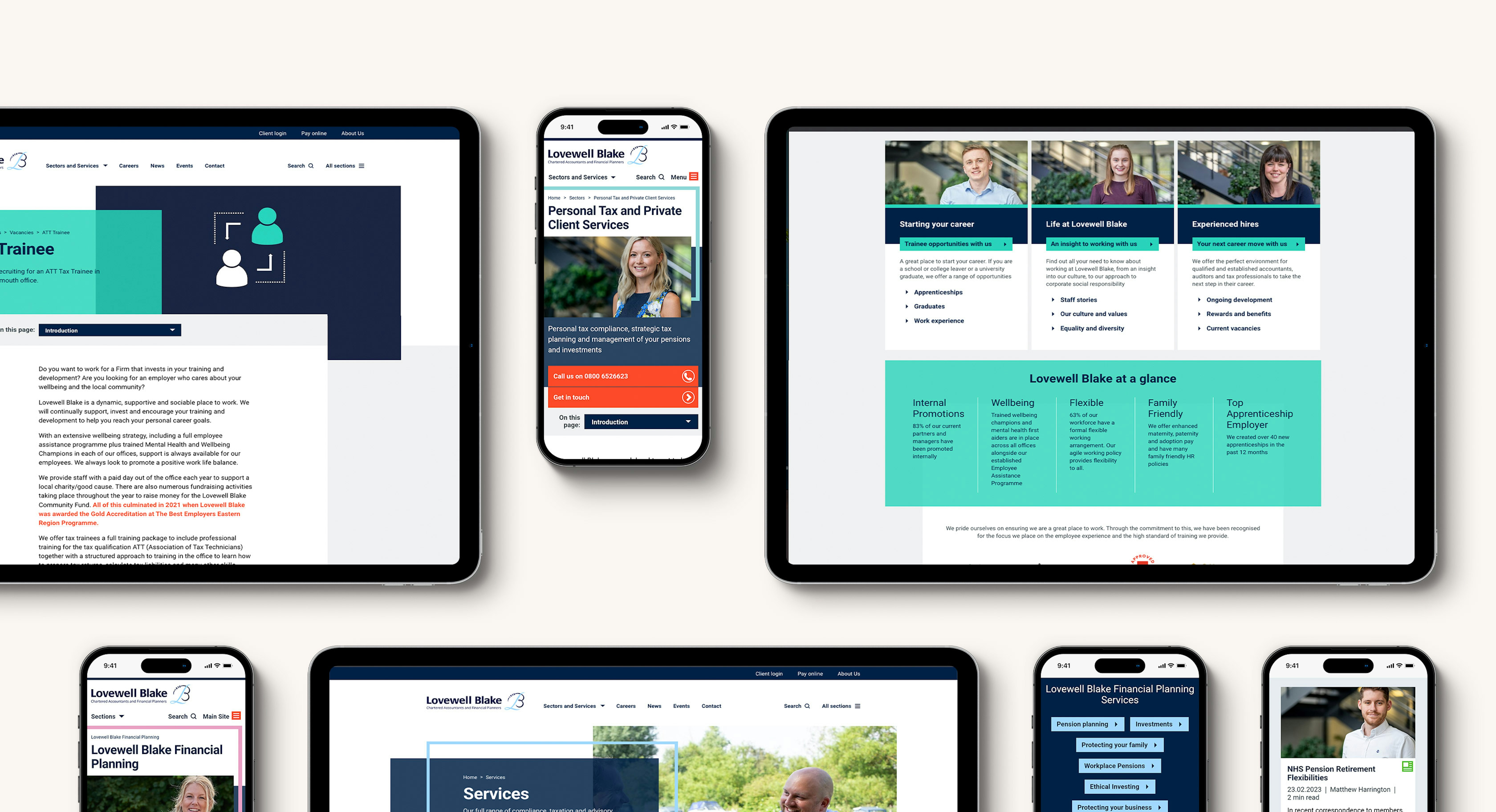 A group of tablet and mobile devices displaying various pages from the Lovewell Blake website