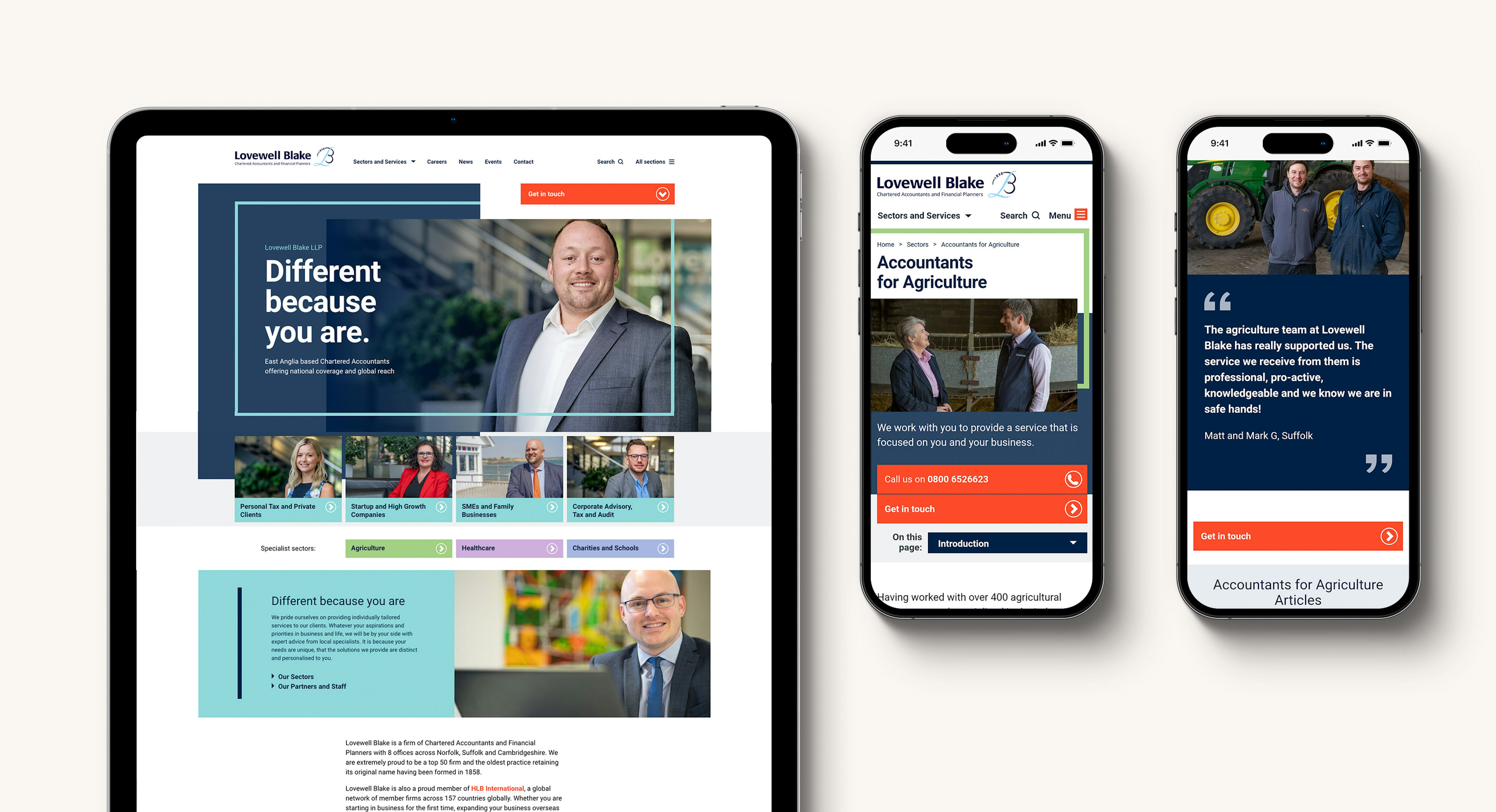 A tablet computer and two mobile phones displaying pages from the Lovewell Blake website