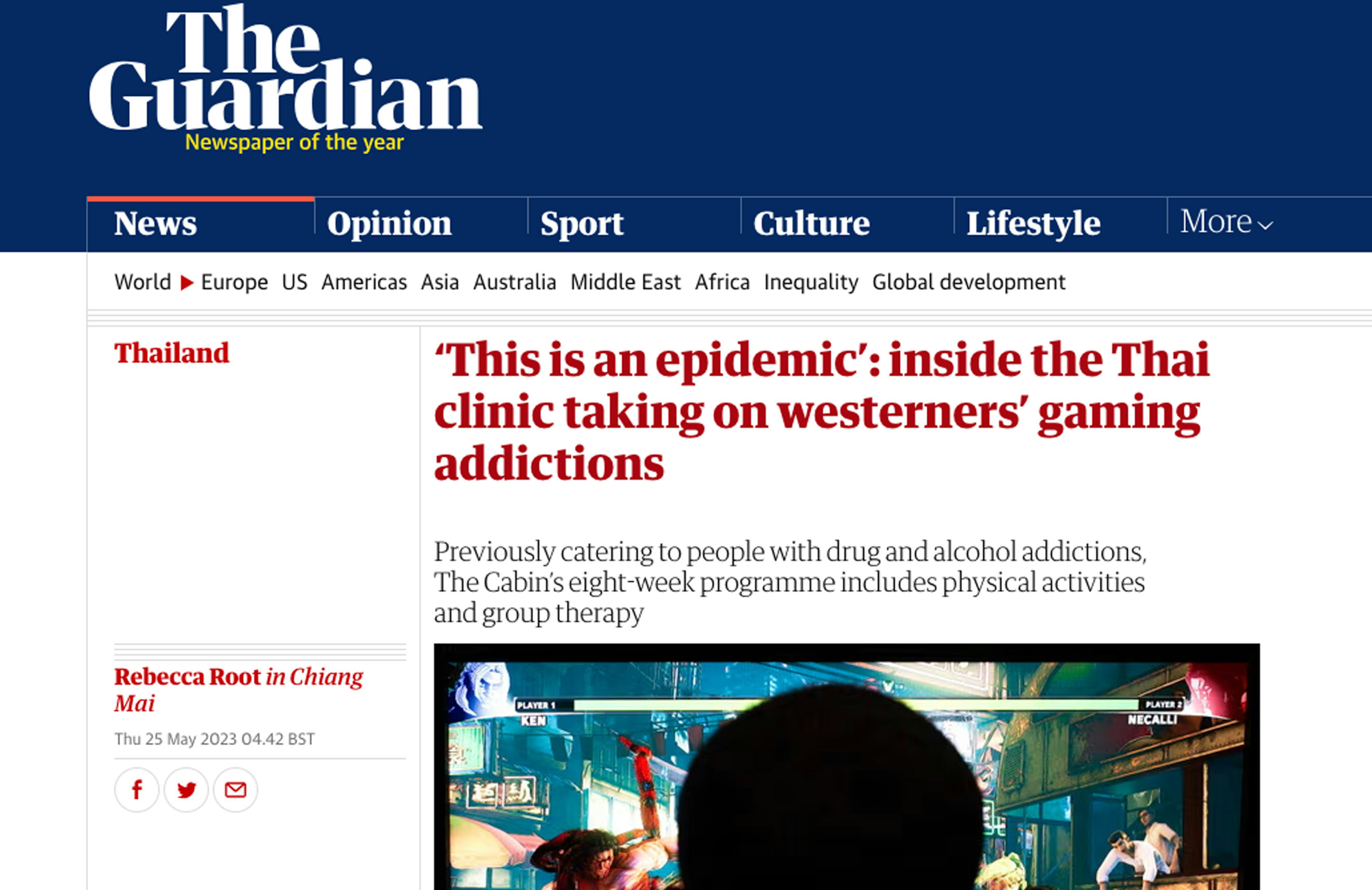 A The Guardian article discussing a Thai clinic addressing gaming addiction among Westerners, describing it as an epidemic and detailing its eight-week rehabilitation programme.