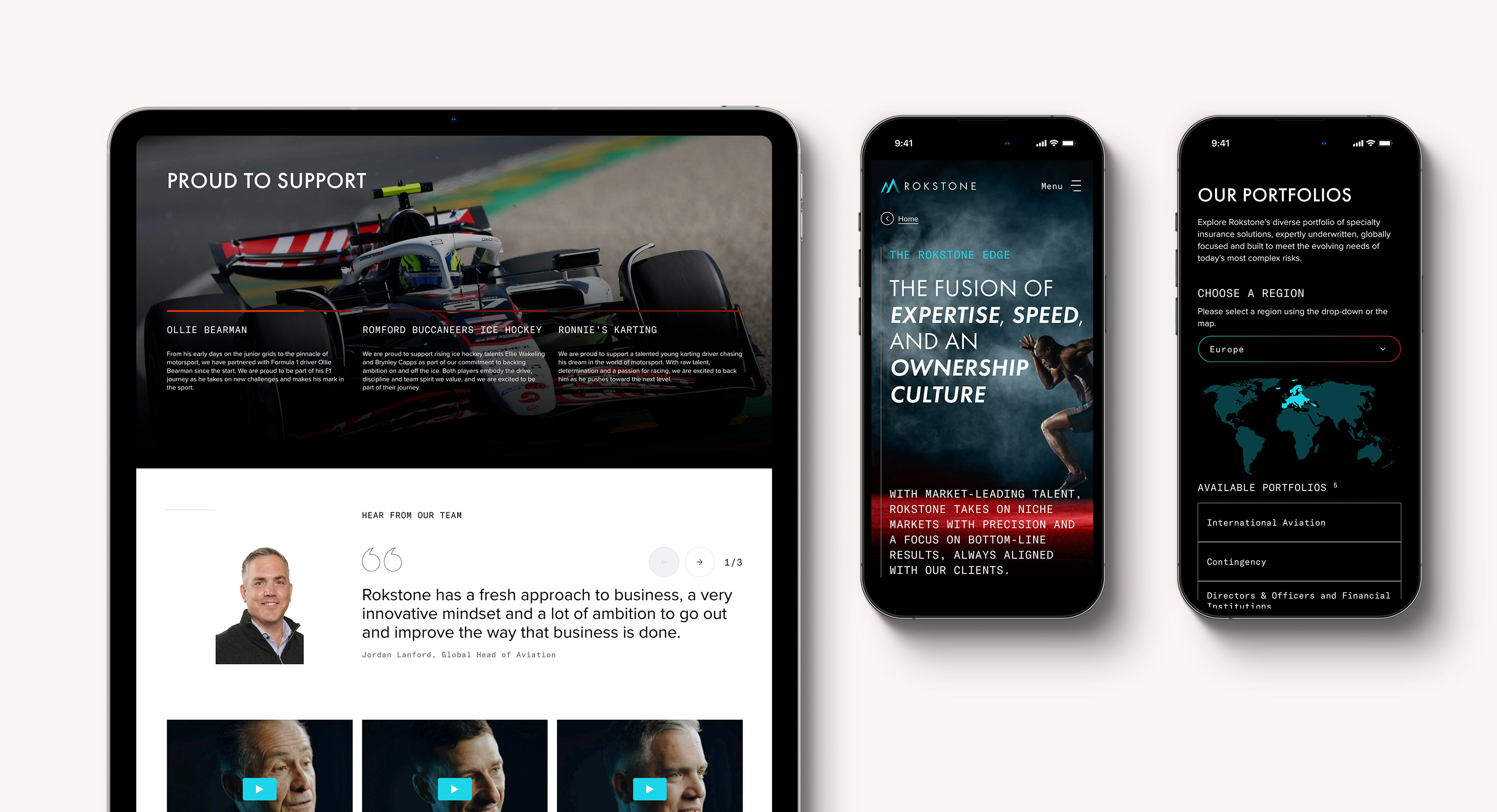 The Rokstone website shown across desktop, tablet, and mobile devices, showcasing the responsive design and the modular components used to build the new site.