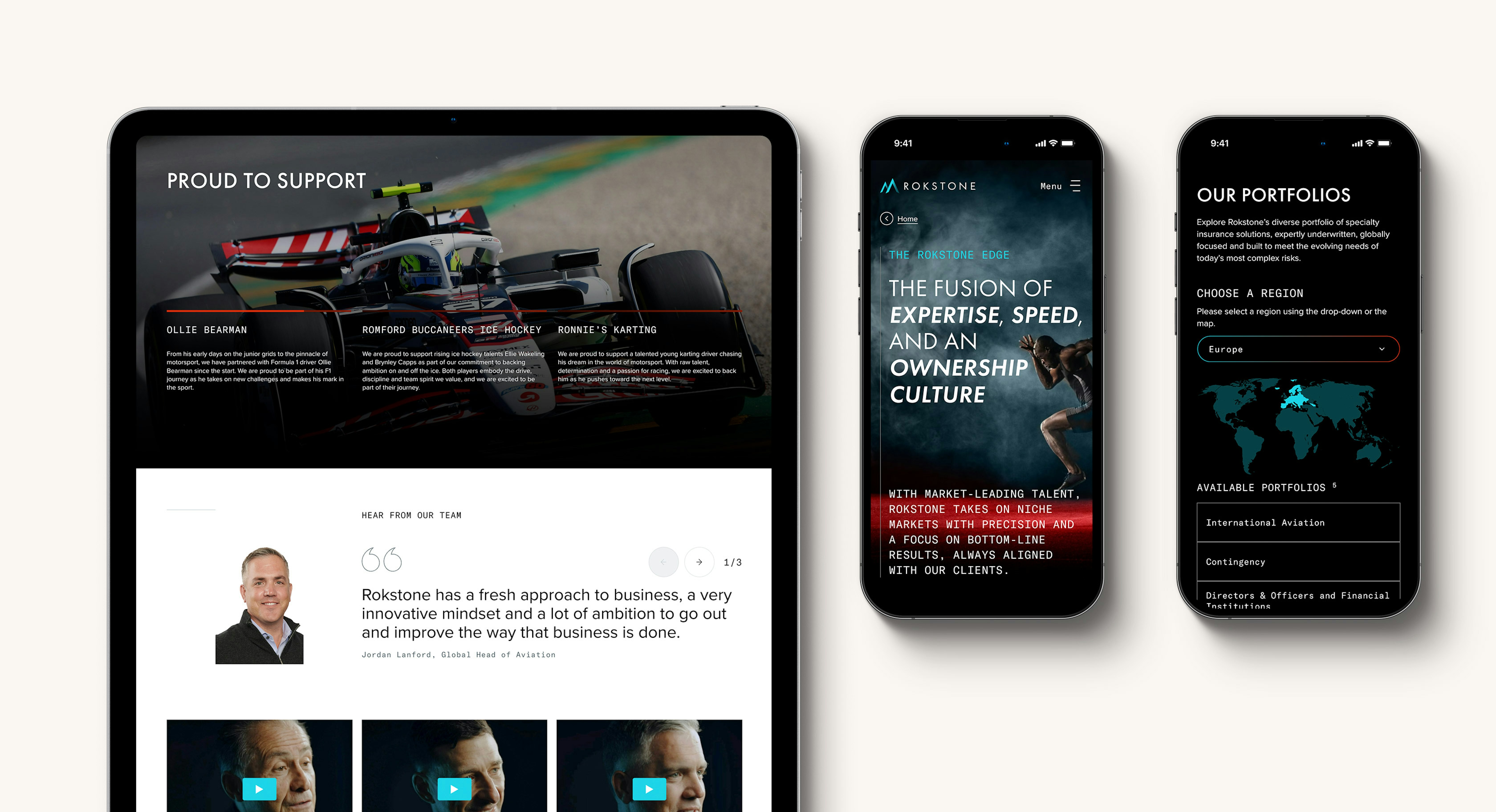 The Rokstone website shown across desktop, tablet, and mobile devices, showcasing the responsive design and the modular components used to build the new site.
