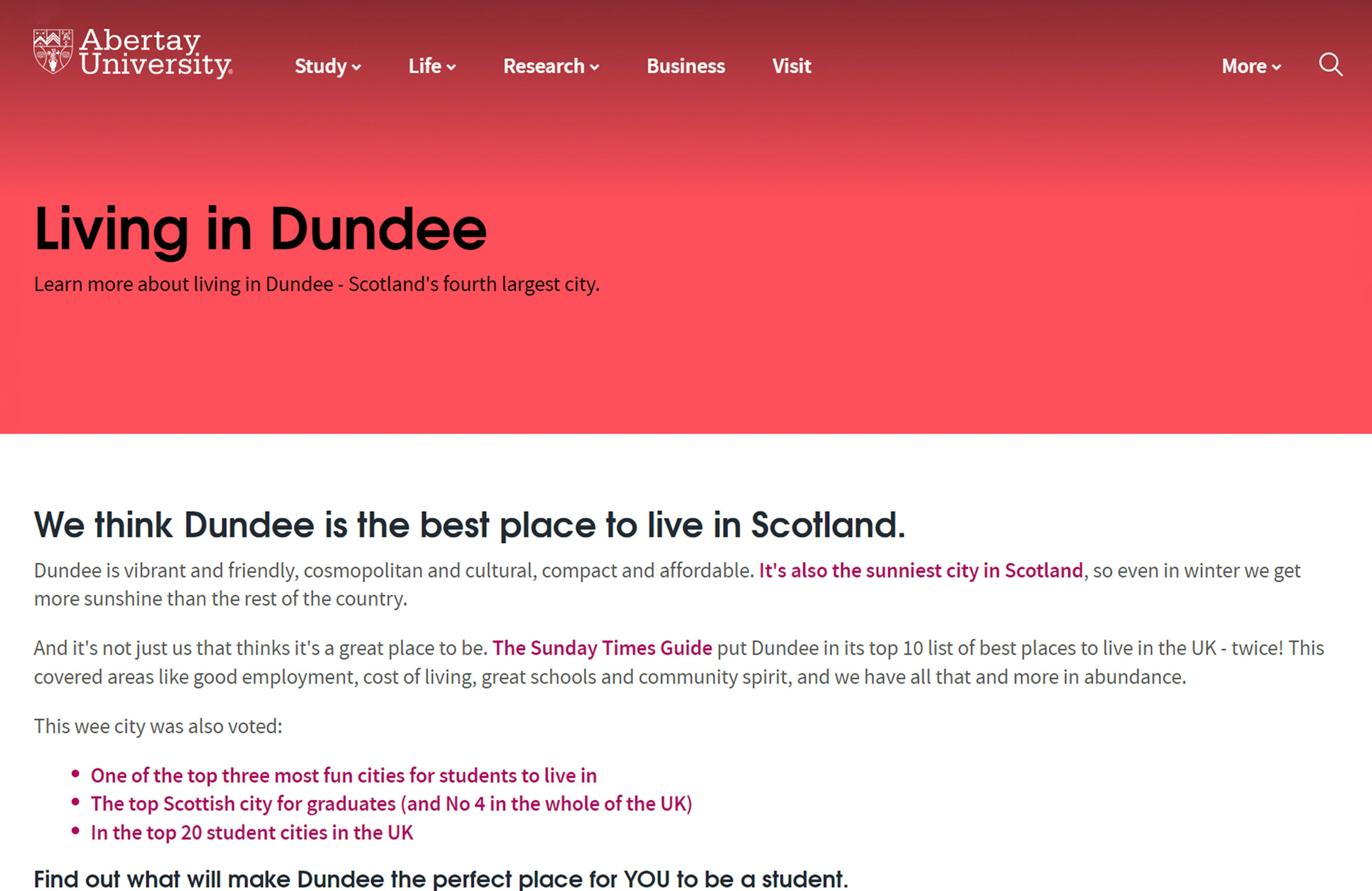 A webpage from Abertay University promoting Dundee as one of the best places to live in Scotland, highlighting its vibrant culture, affordability, and ranking among the top student cities in the UK.