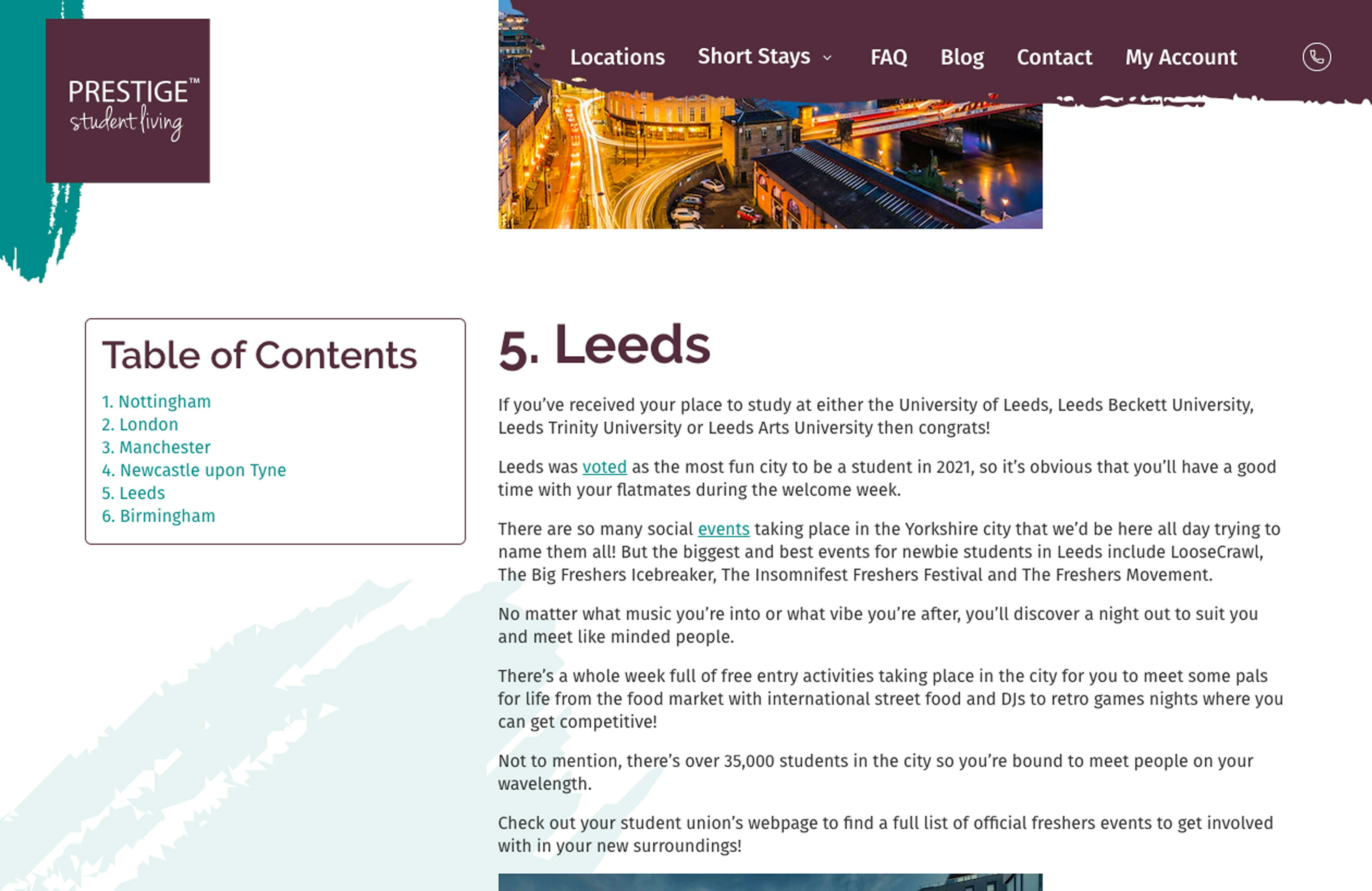 A webpage from Prestige Student Living highlighting Leeds as one of the most fun cities for students, featuring social events, freshers' activities, and a vibrant student community.