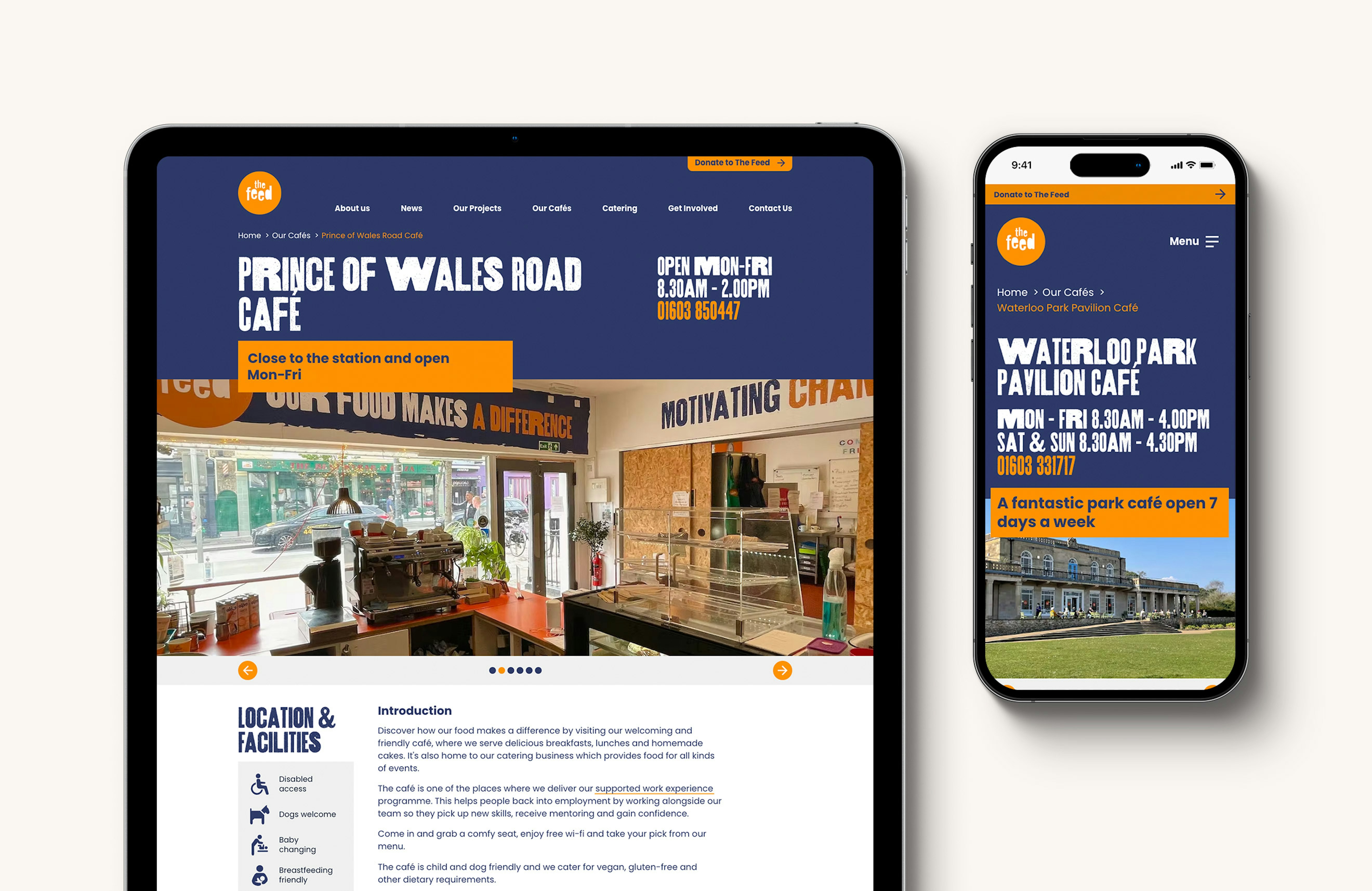 A tablet computer and iphone displaying venue pages from the Feed website