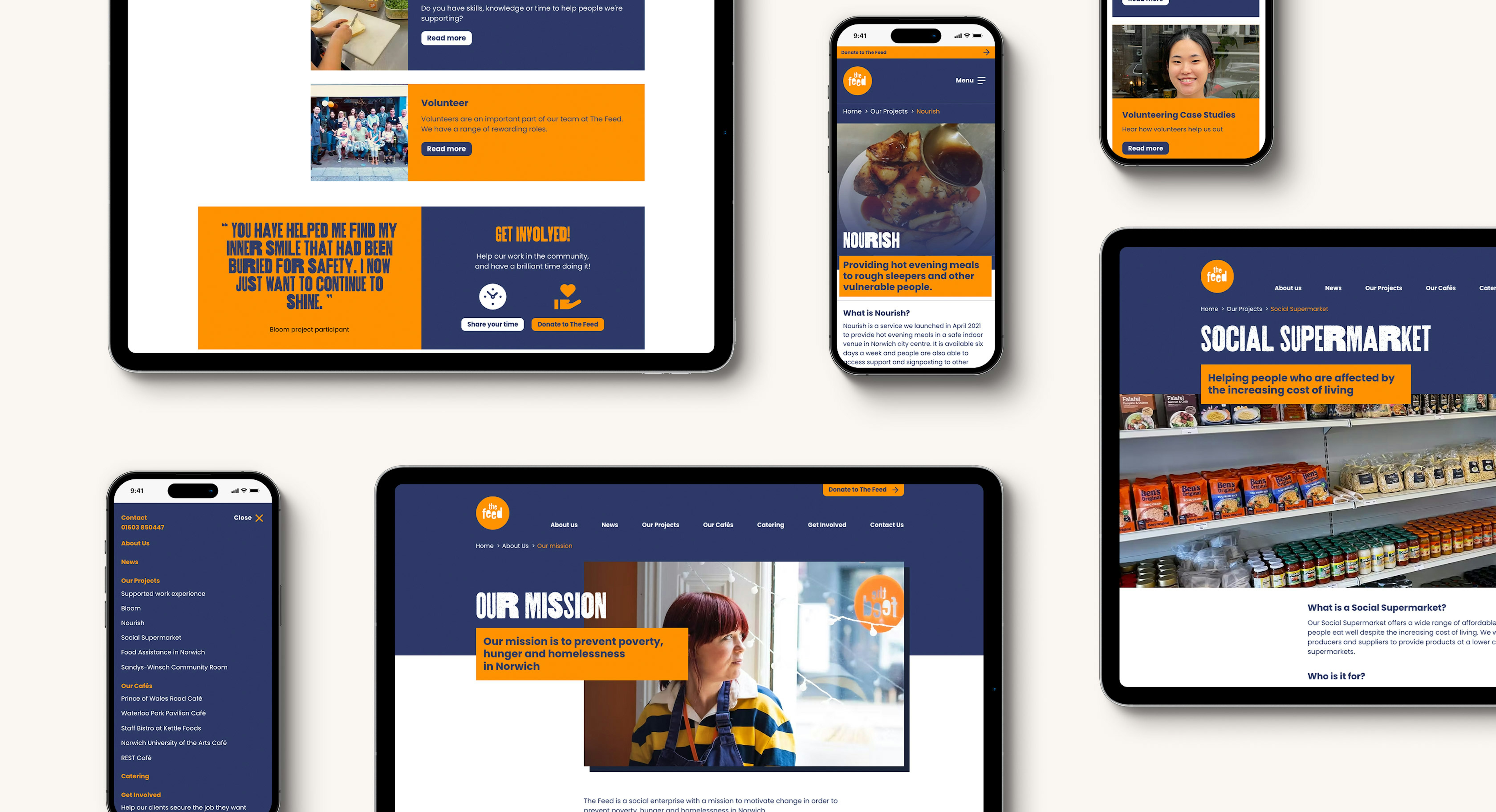 A set of tablet and mobile devices displaying different pages from the Feed website