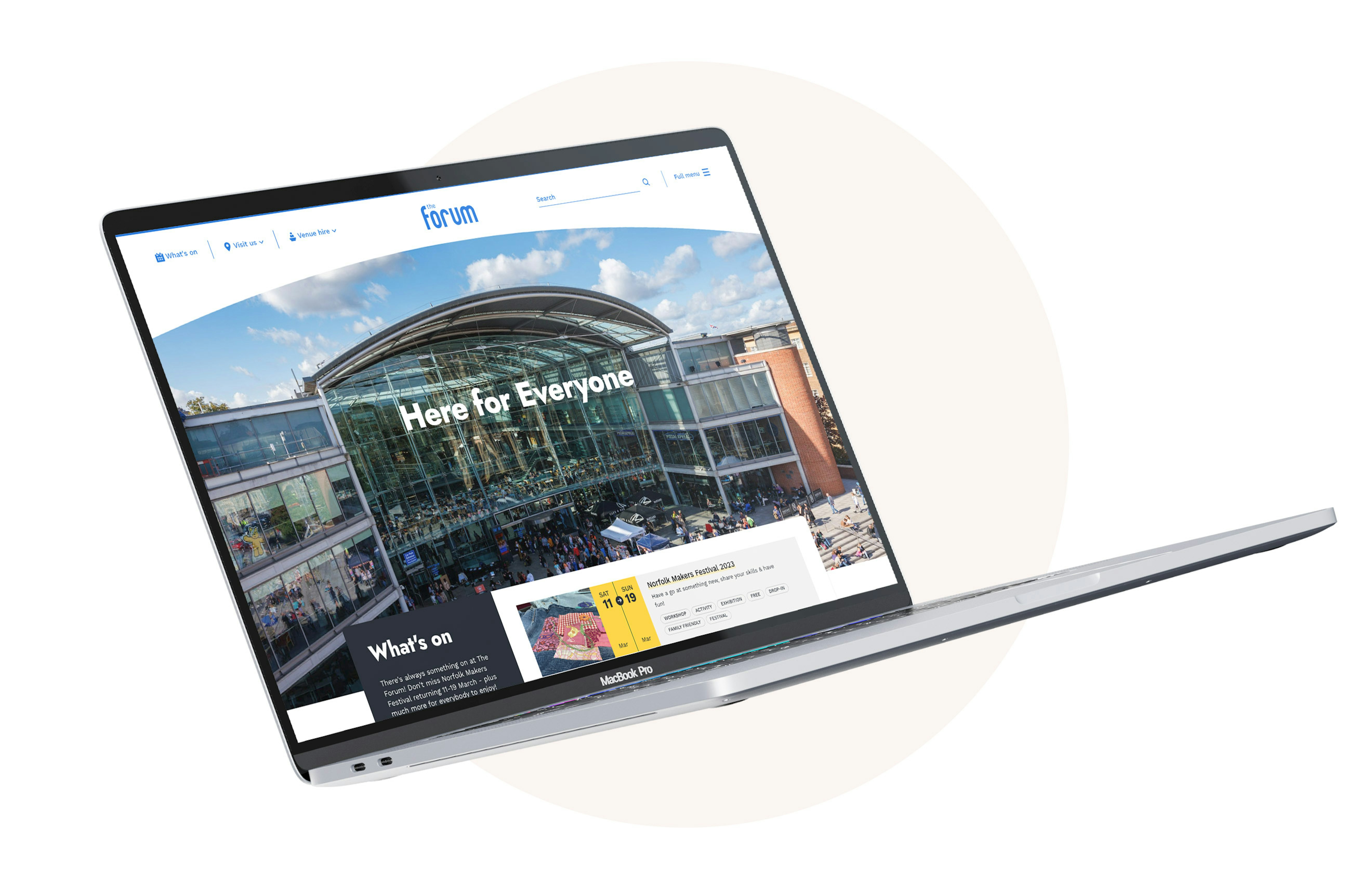 A open laptop computer displaying the hero section on the Forum website homepage