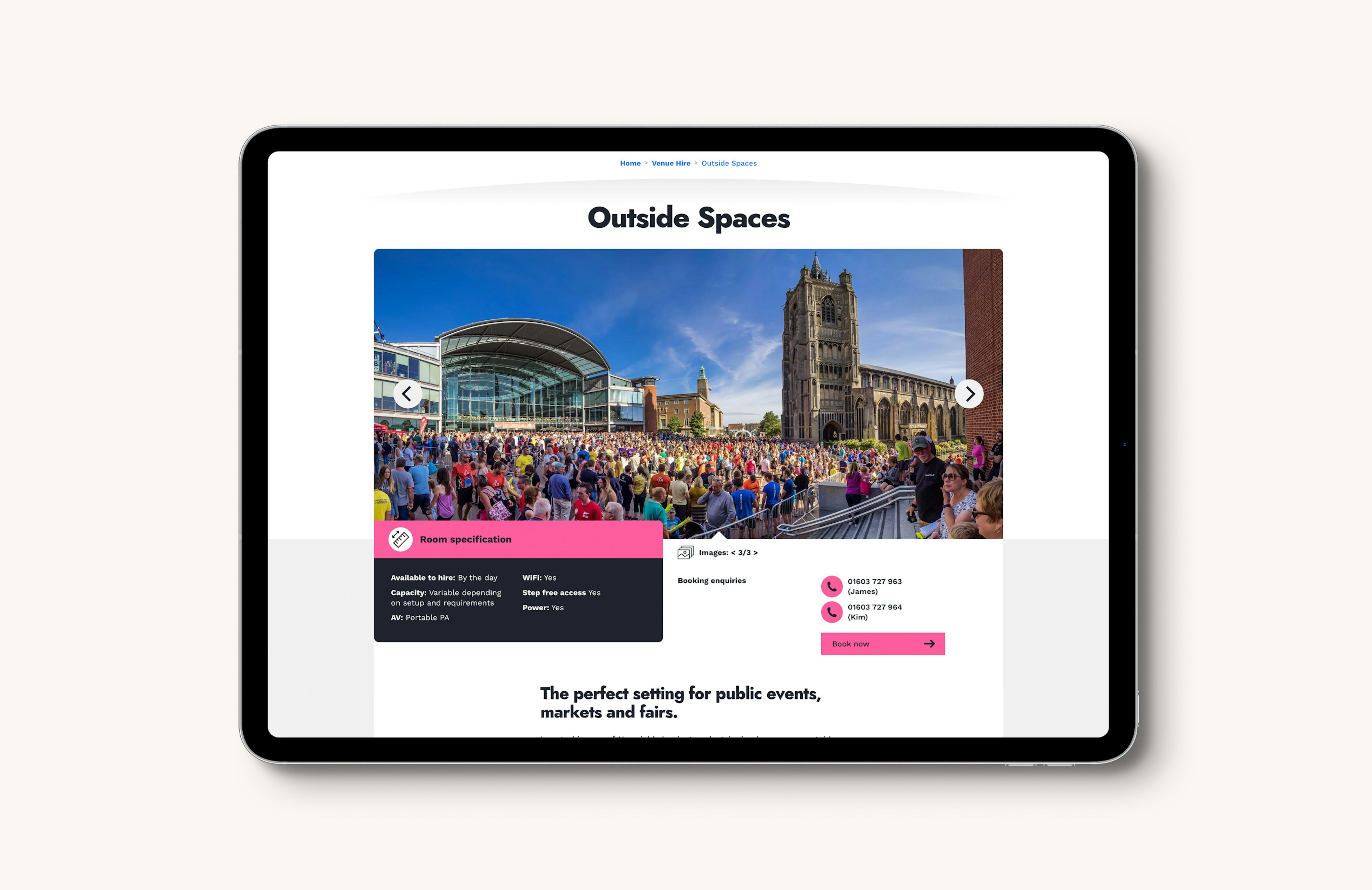 An iPad tablet computer displaying a Venue Hire page from the Forum website