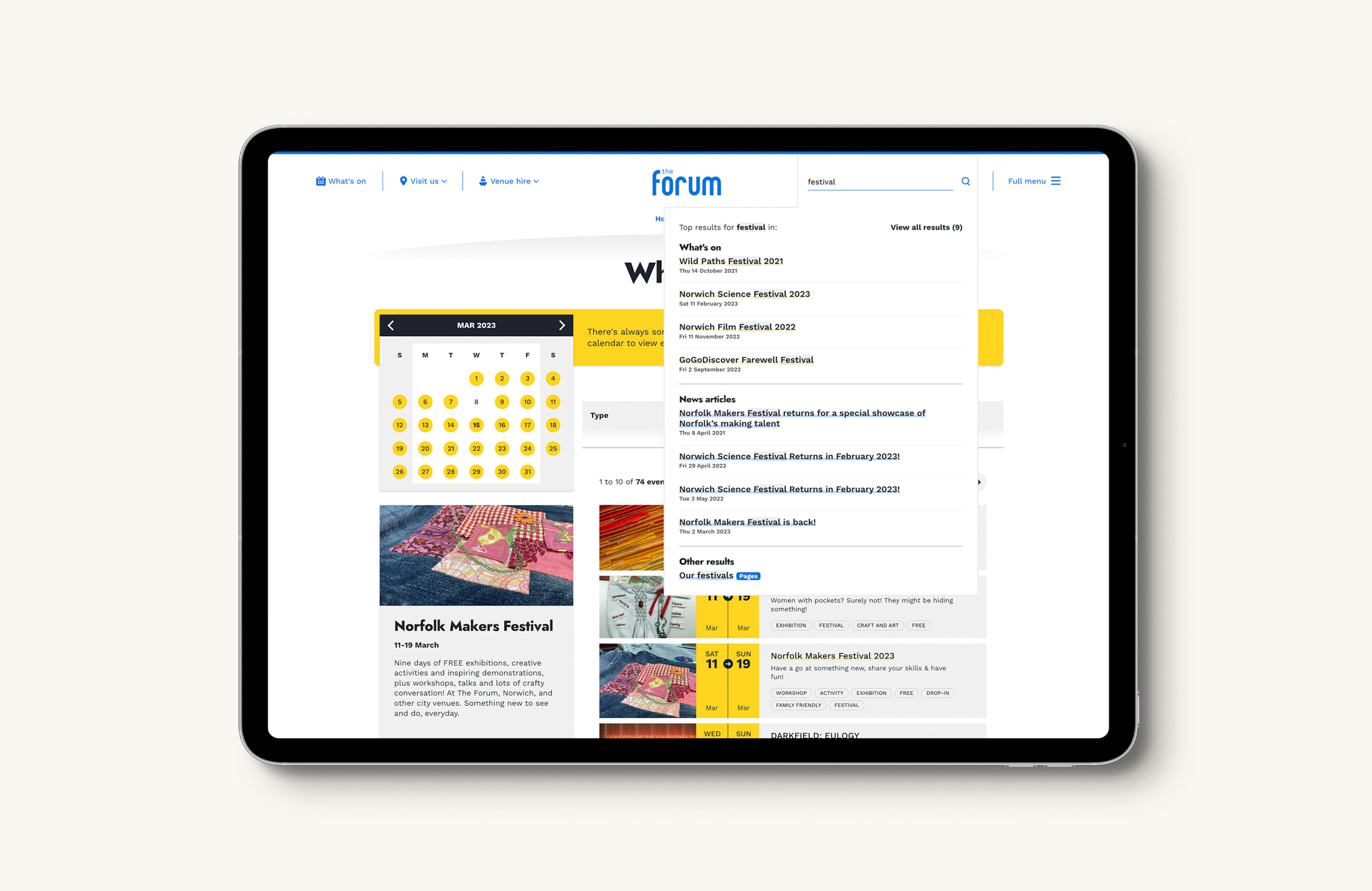 An iPad tablet computer displaying the search functionality of The Forum website