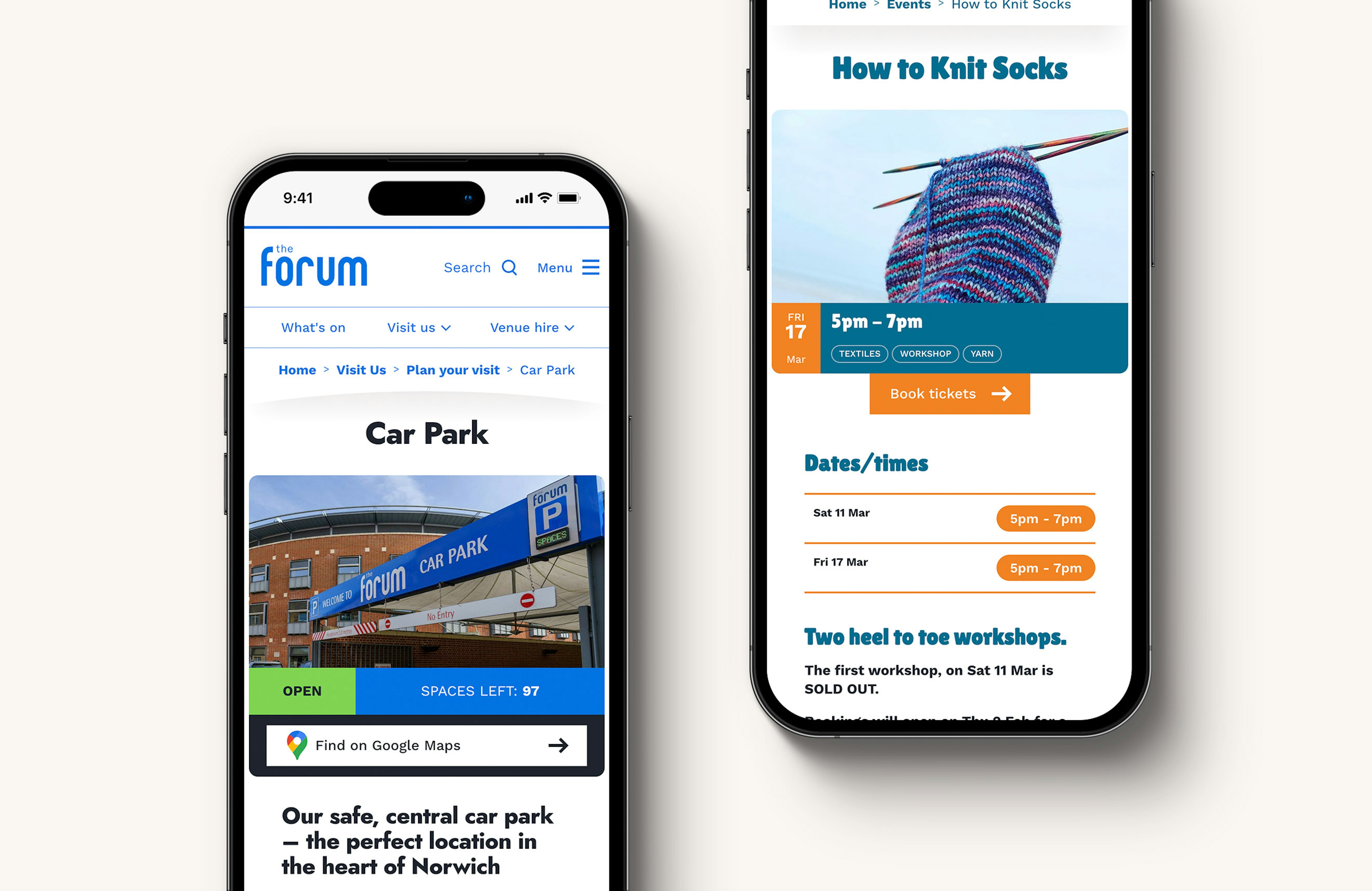 Two mobile phones displaying pages (the car park and a festival event page) from the Forum website