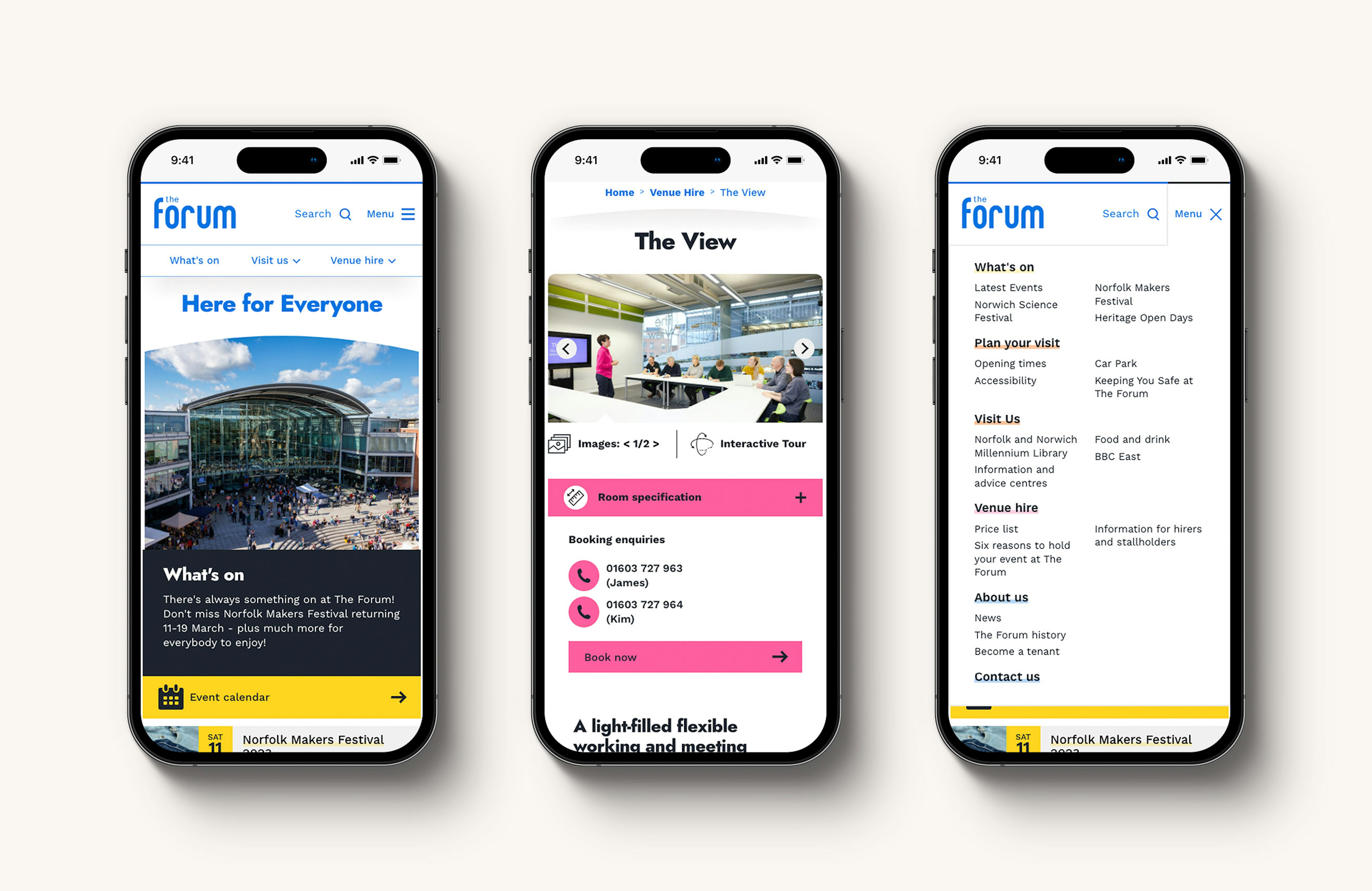 Three mobile phones displaying different sections of The Forum website