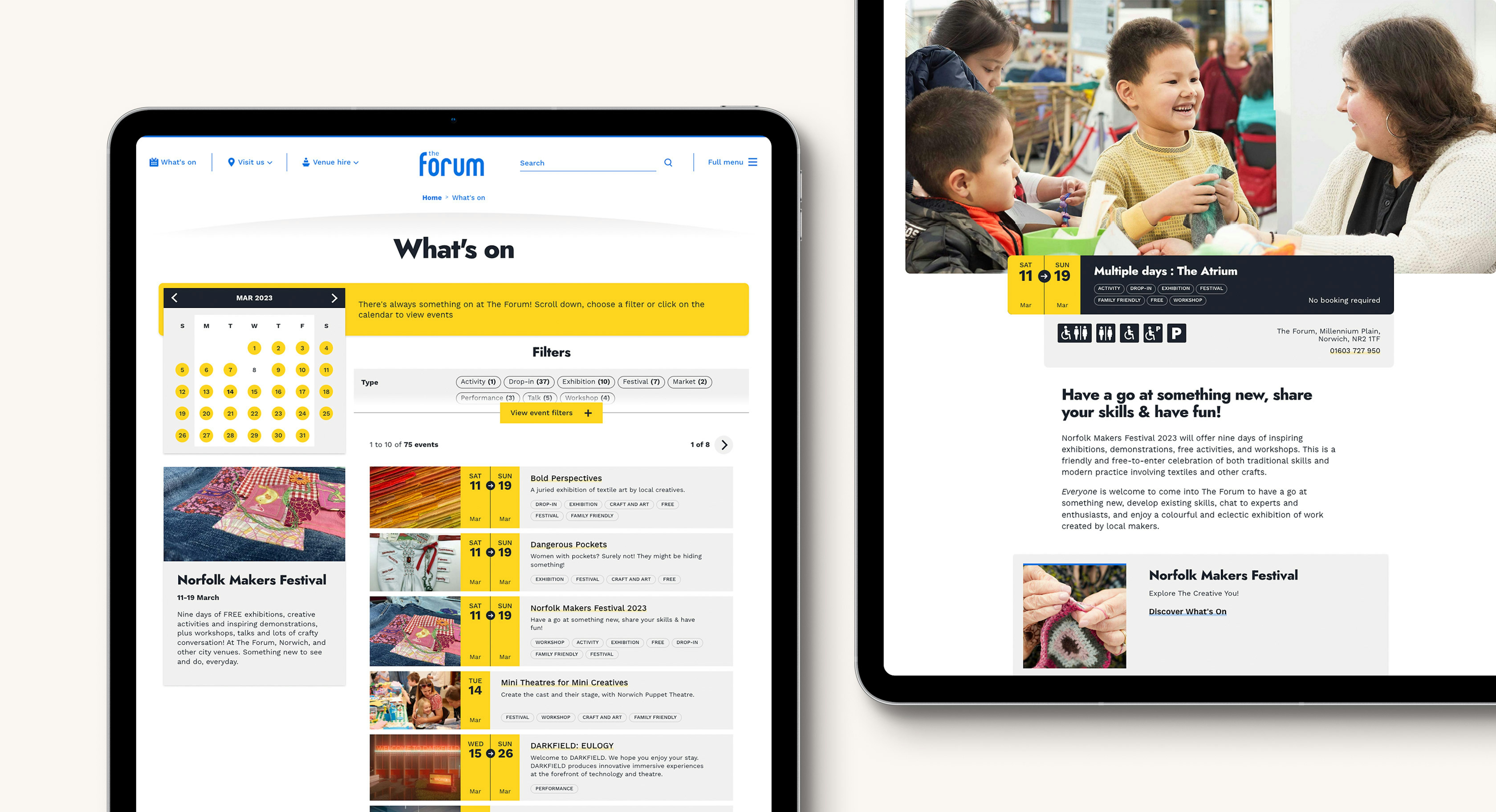 Two iPad table computers displaying the events section of The Forum website