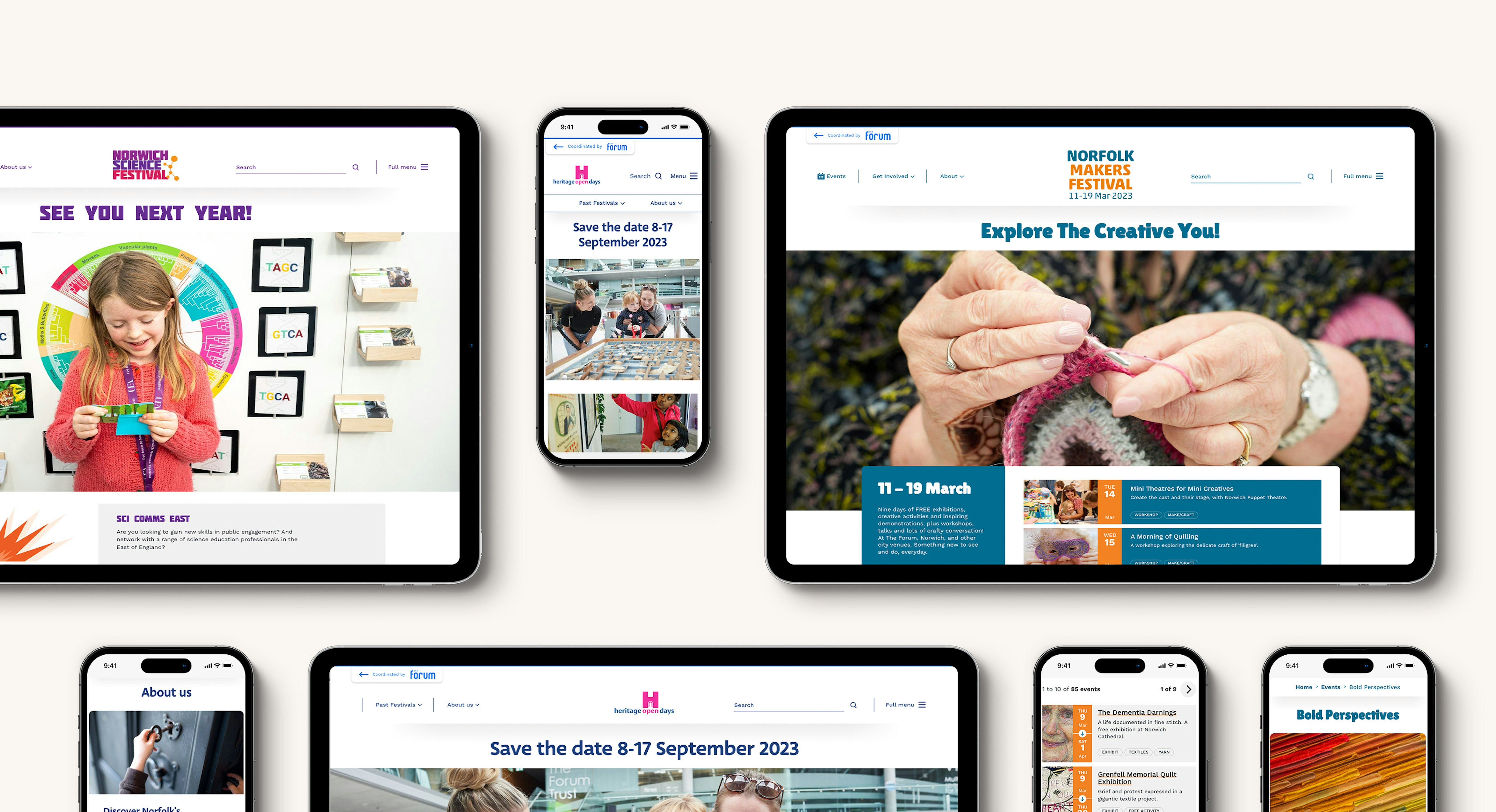 A number of tablets and mobile phones showing different pages from the various event microsites that are part of the Forum website