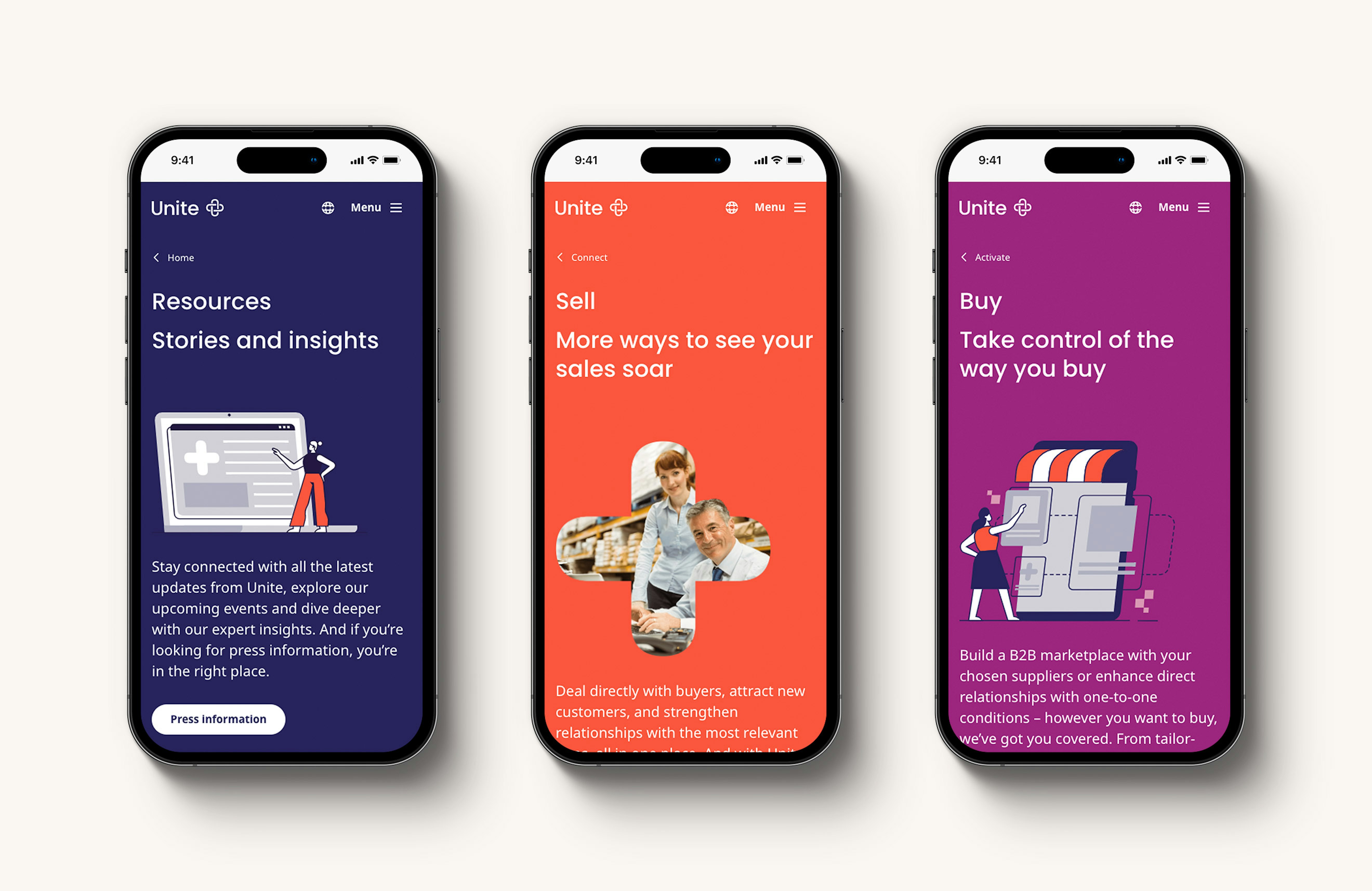 Three smartphones displaying the Unite website with sections on resources, selling, and buying, each featuring bold colours and engaging illustrations